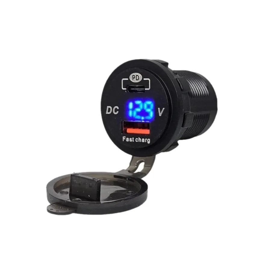 12V 24V DC USB Type-C PD Hızlı Şarj Port Voltmetreli Yuvarlak