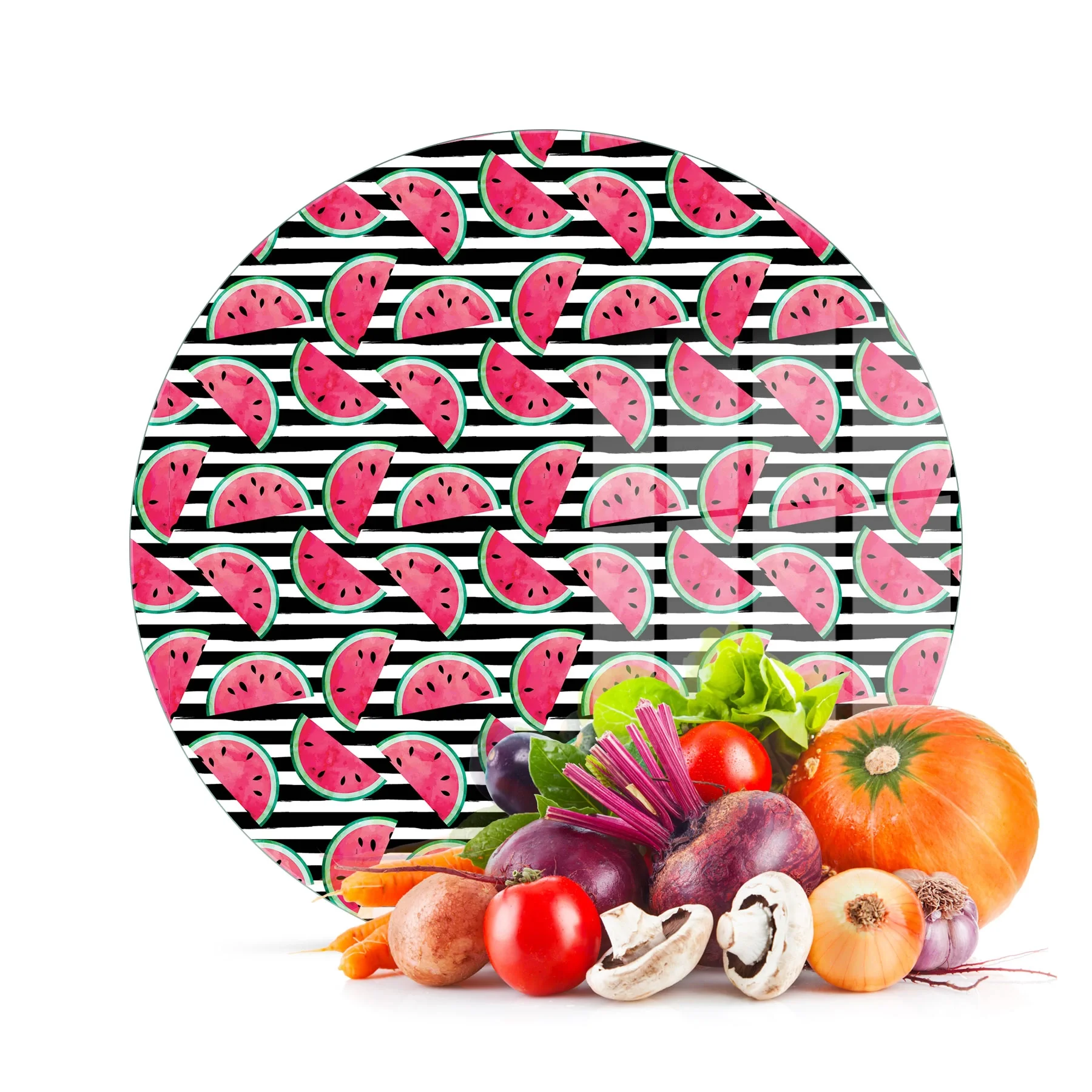 Decovetro Cam Kesme Tahtası ve Sunumluk Yuvarlak Karpuz Meyve Desenli 30x30 Cm