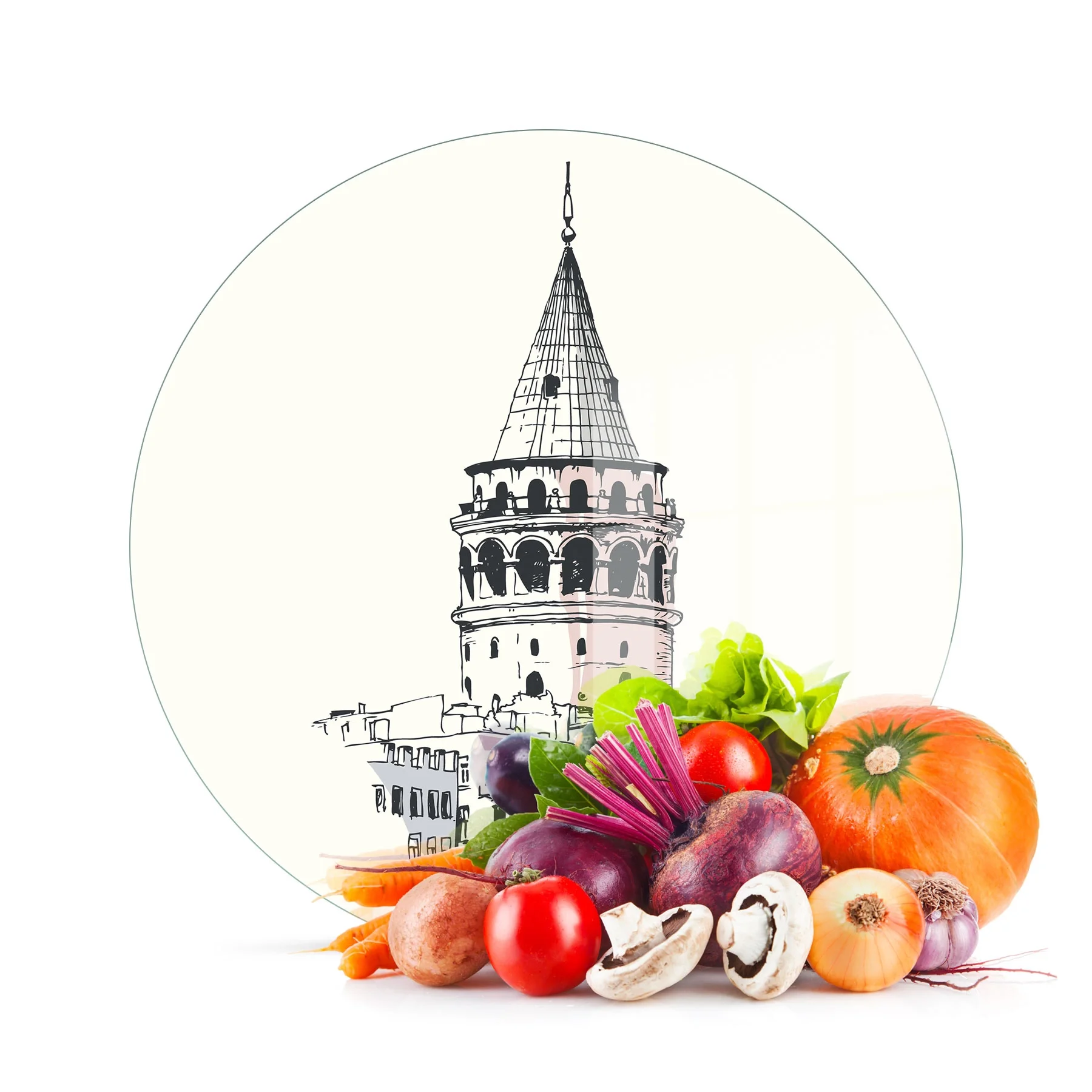 Decovetro Cam Kesme Tahtası ve Sunumluk Yuvarlak Galata Kulesi Desenli 30x30 Cm