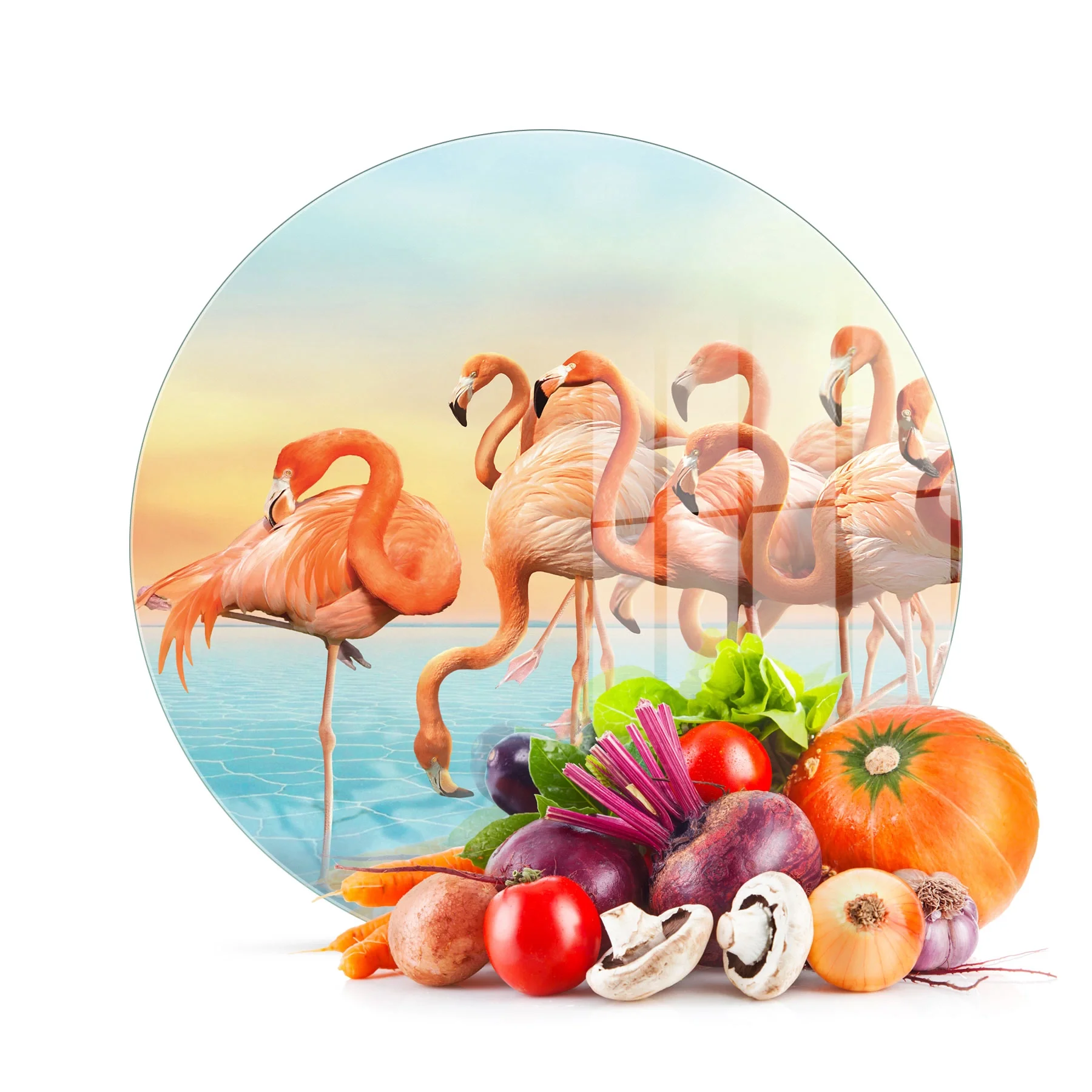 Decovetro Cam Kesme Tahtası ve Sunumluk Yuvarlak Flamingo Desenli 30x30 Cm