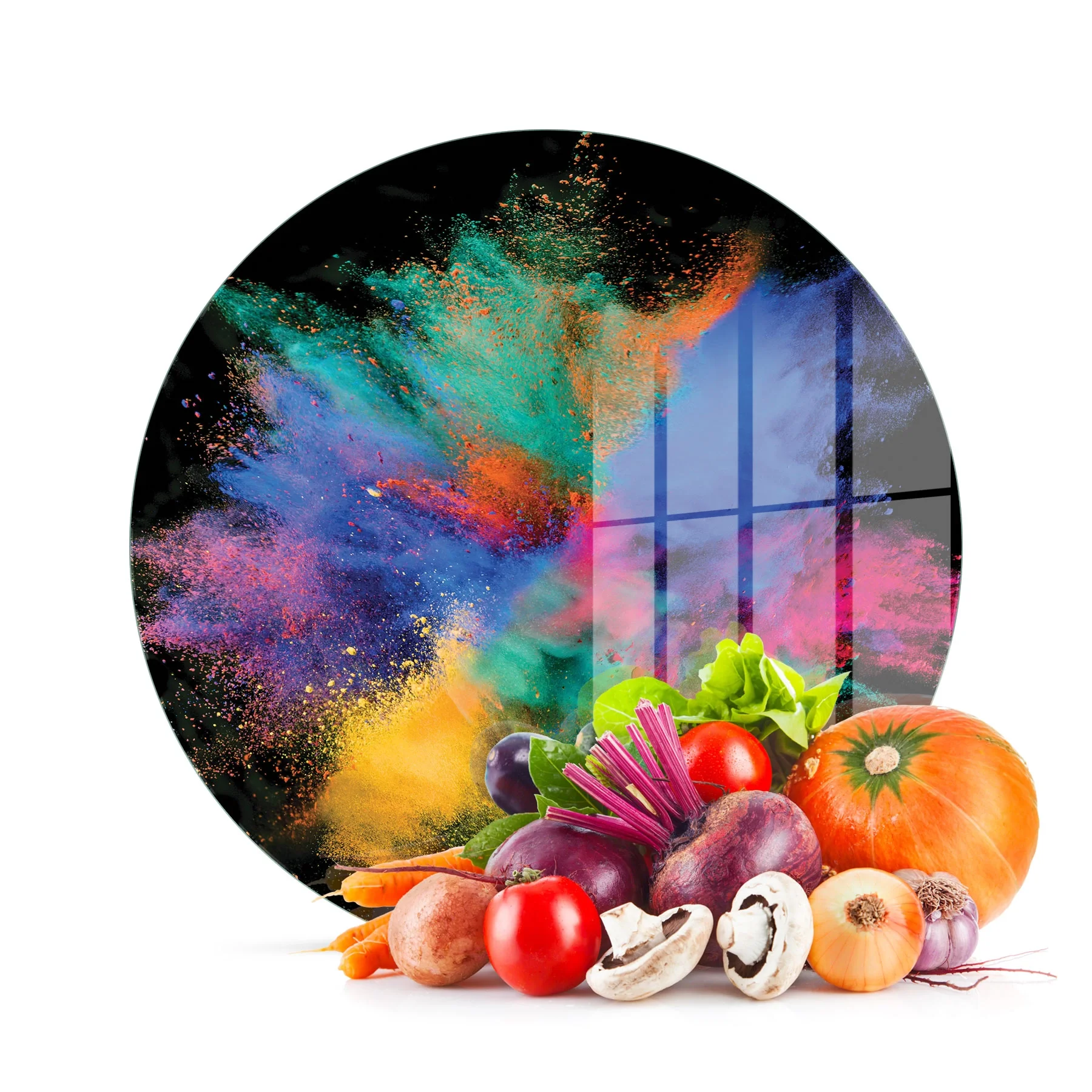 Decovetro Cam Kesme Tahtası ve Sunumluk Yuvarlak Renk Bulutu Desenli 30x30 Cm