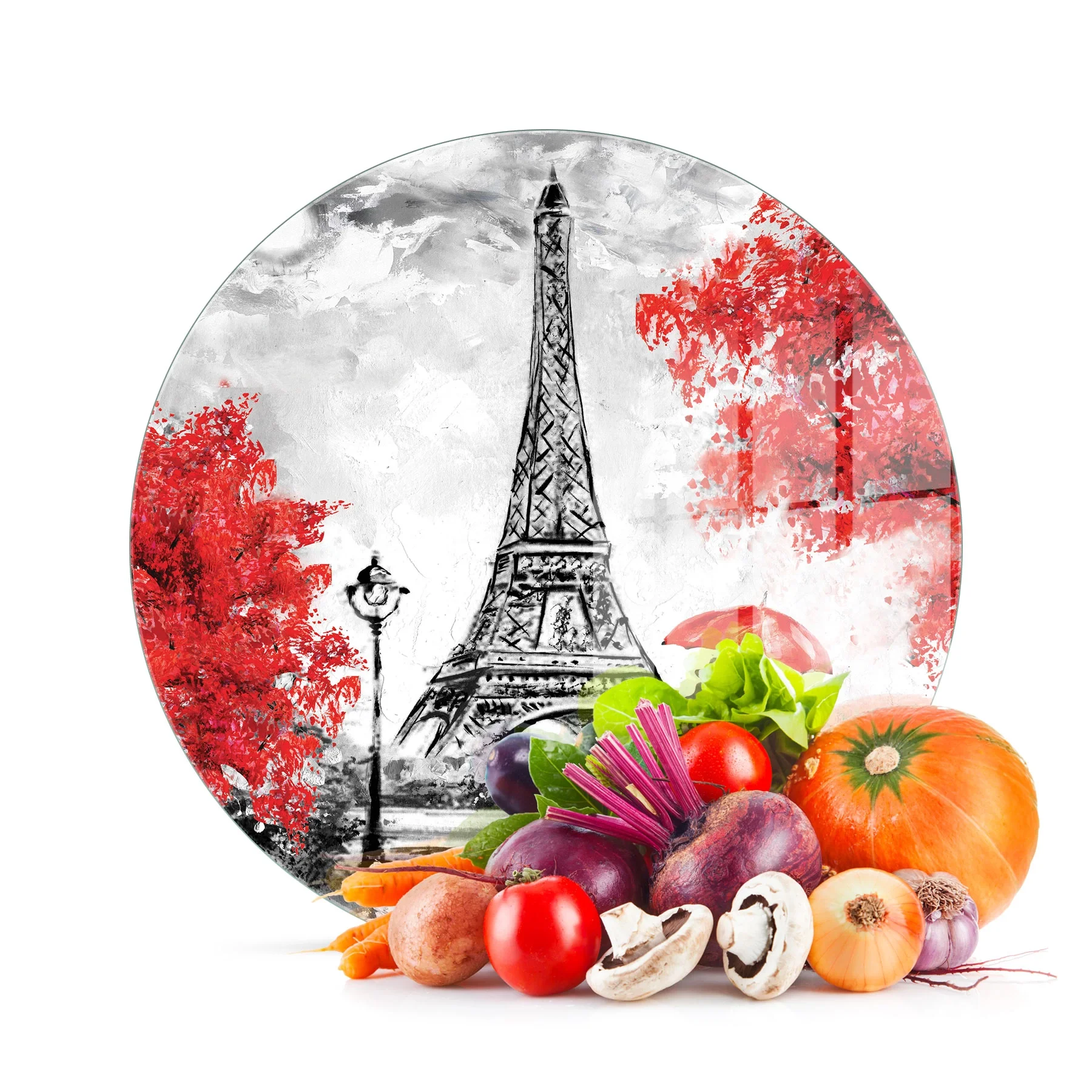 Decovetro Cam Kesme Tahtası ve Sunumluk Yuvarlak Love paris 30x30 Cm