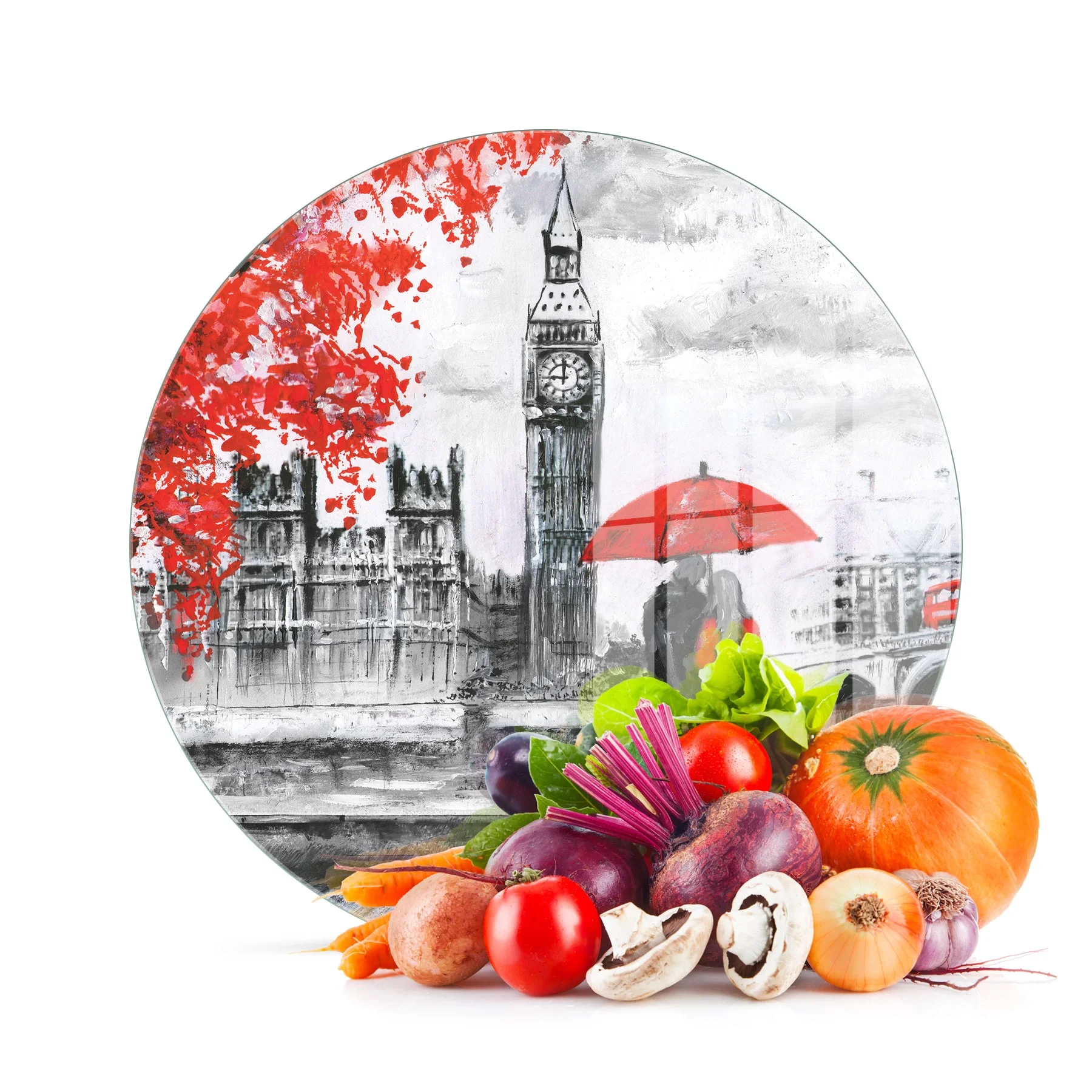 Decovetro Cam Kesme Tahtası ve Sunumluk Yuvarlak Love London Desenli 30x30 Cm