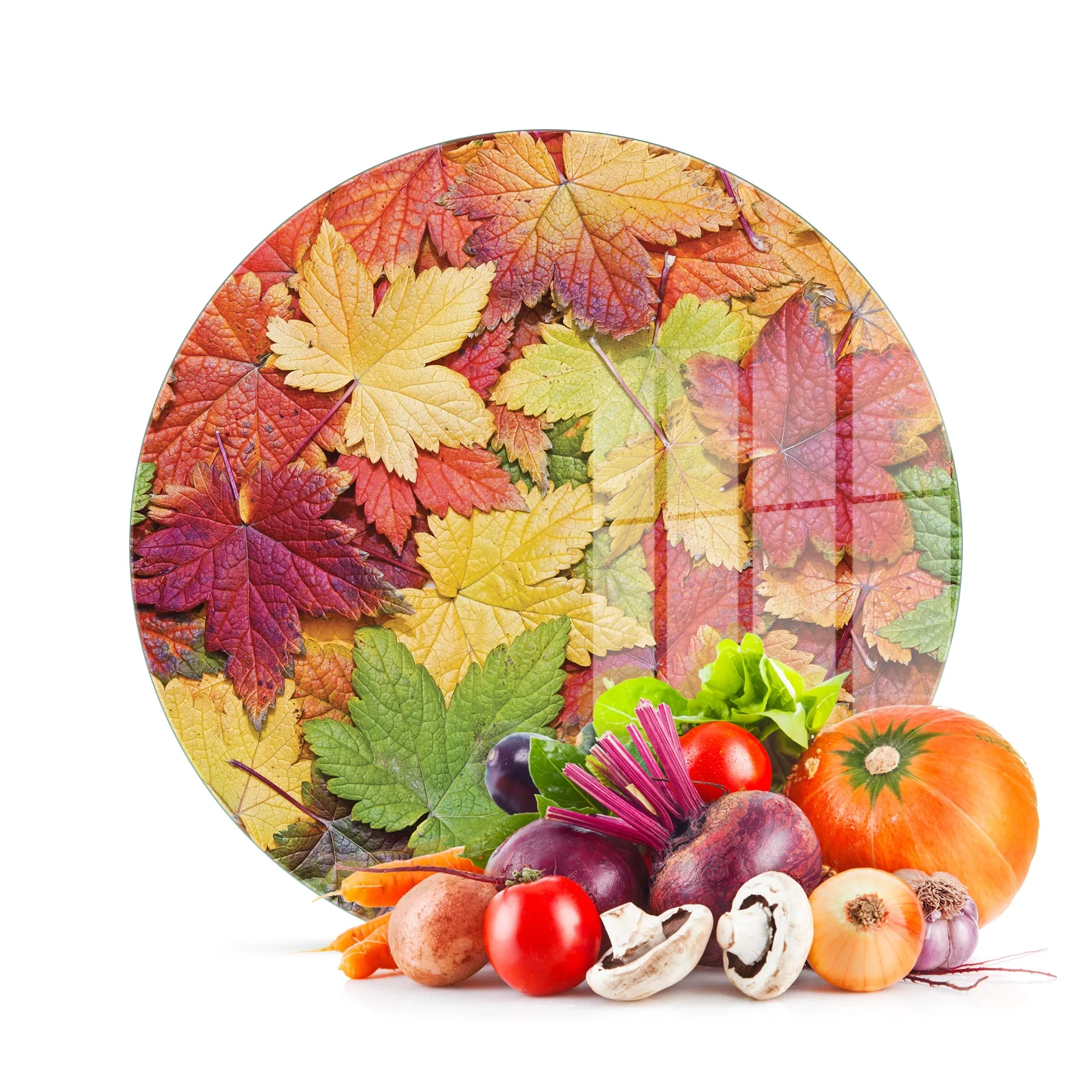 Decovetro Cam Kesme Tahtası ve Sunumluk Yuvarlak Sonbahar Yaprak Desenli 30x30 Cm