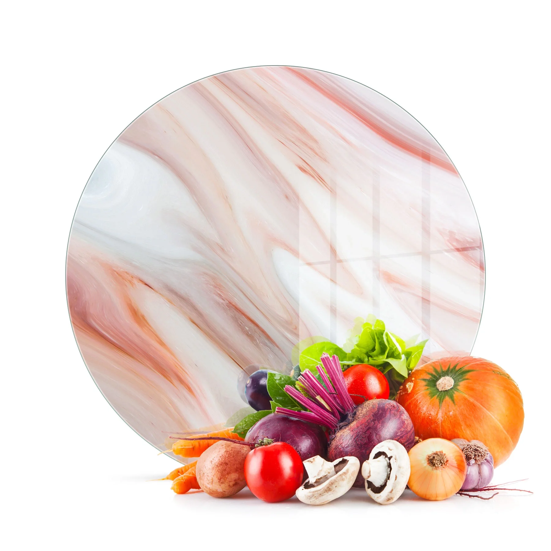 Decovetro Cam Kesme Tahtası ve Sunumluk Yuvarlak Kırmızı Mermer Desenli 30x30 Cm