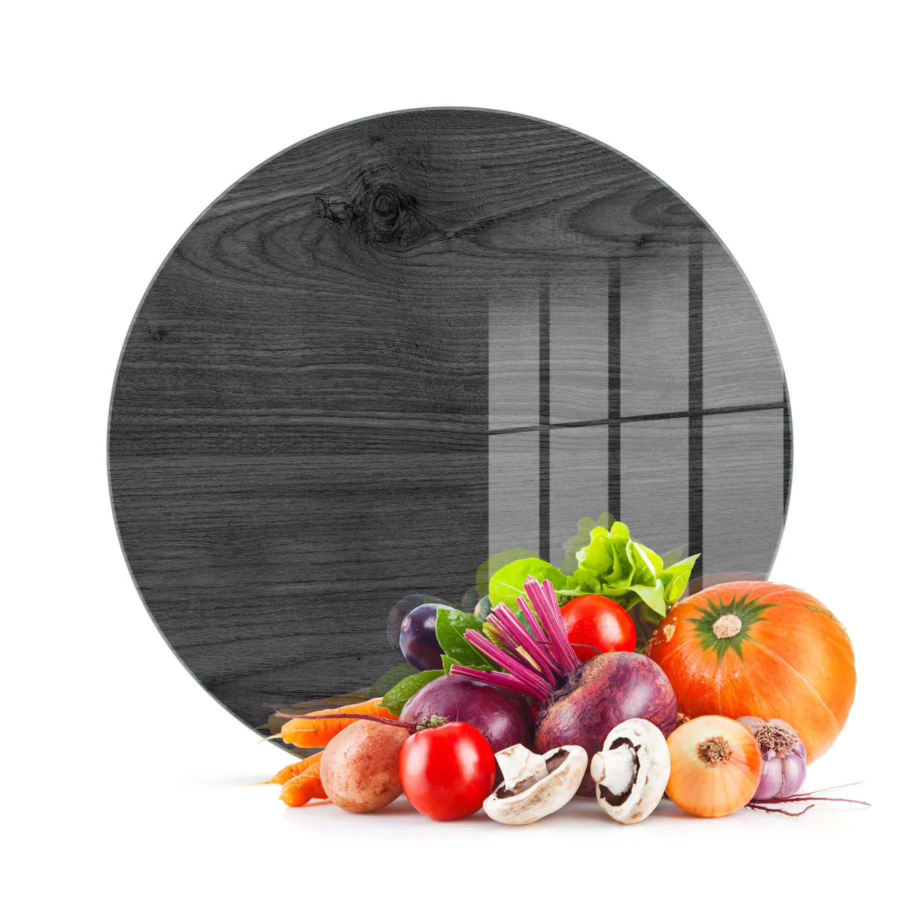 Decovetro Cam Kesme Tahtası ve Sunumluk Yuvarlak Siyah Ahşap Desenli 30x30 Cm