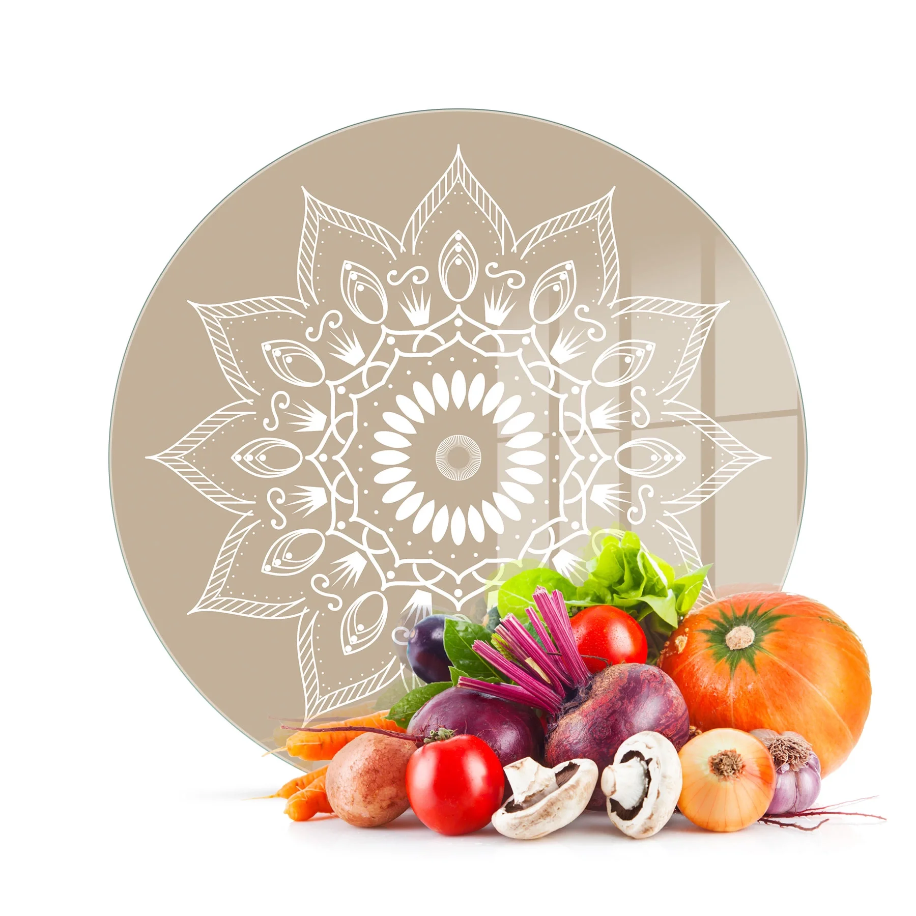 Decovetro Cam Kesme Tahtası ve Sunumluk Yuvarlak Mandala Desenli 30x30 Cm