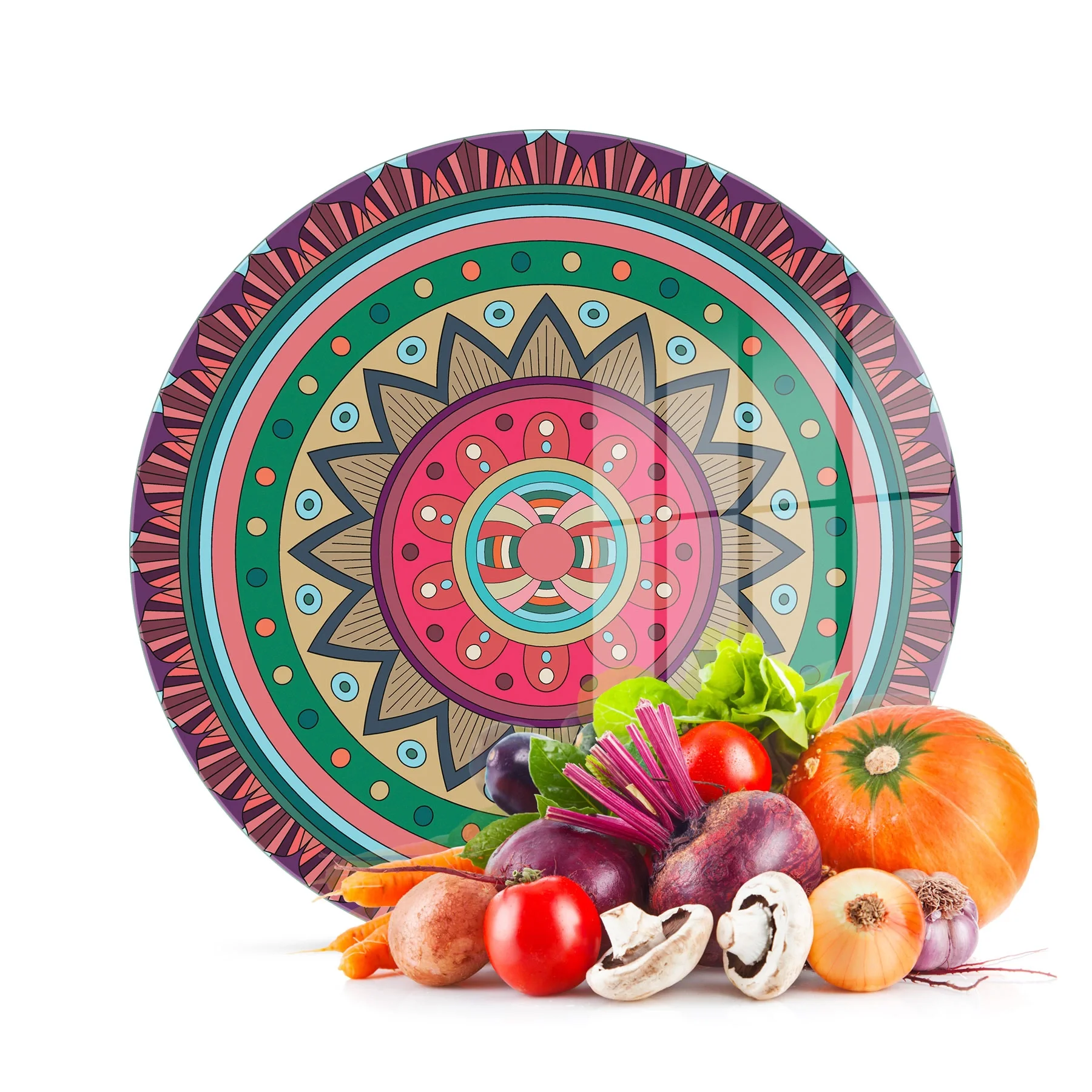Decovetro Cam Kesme Tahtası ve Sunumluk Yuvarlak Mandala Desenli 30x30 Cm