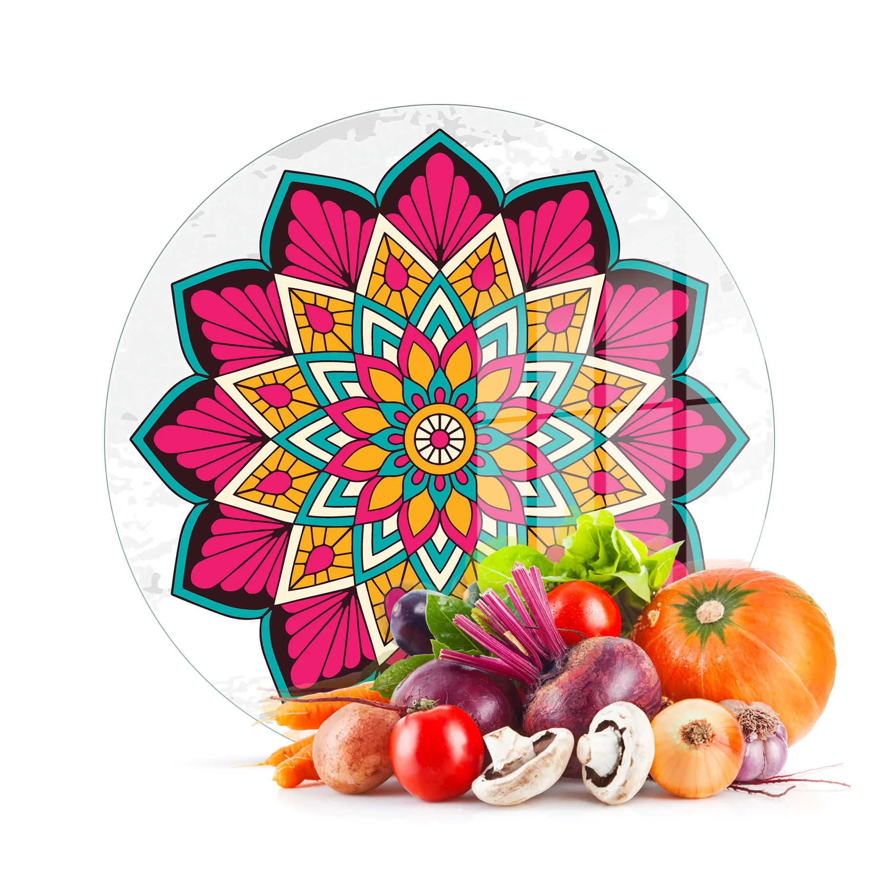 Decovetro Cam Kesme Tahtası ve Sunumluk Yuvarlak Mandala Desenli 30x30 Cm