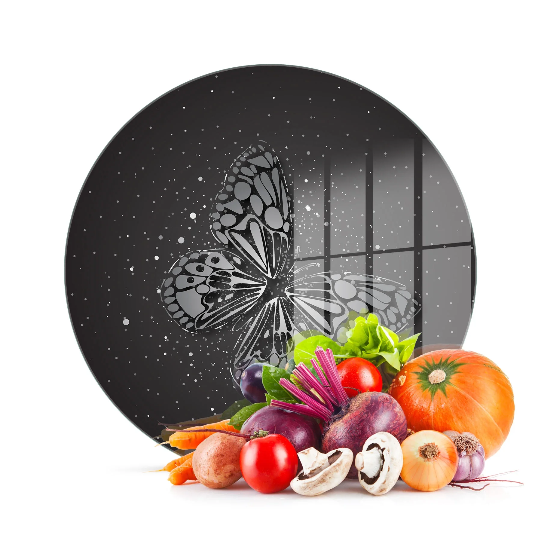 Decovetro Cam Kesme Tahtası ve Sunumluk Yuvarlak Black Kelebek Desenli 30x30 Cm