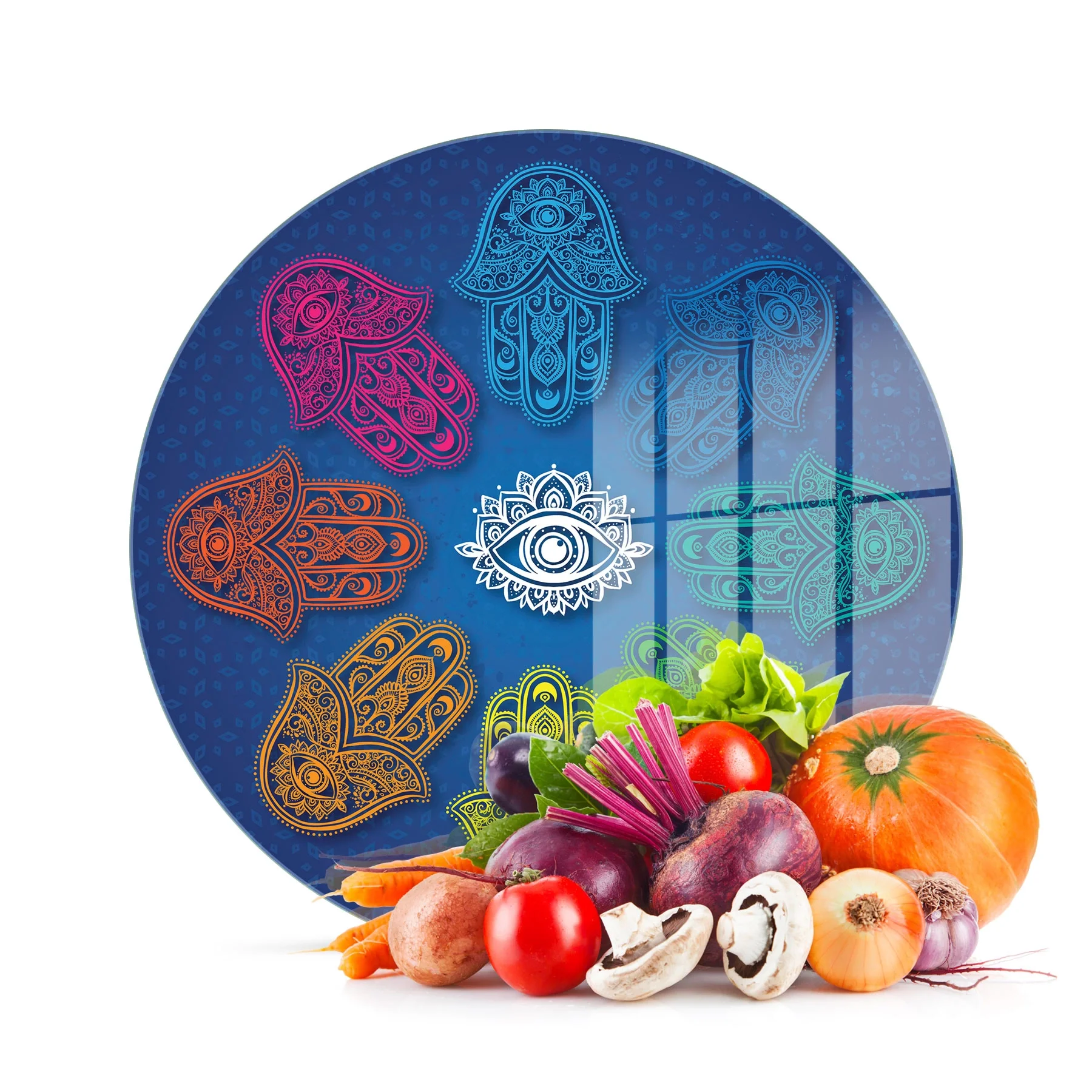 Decovetro Cam Kesme Tahtası ve Sunumluk Yuvarlak Hamsa Desenli 30x30 Cm