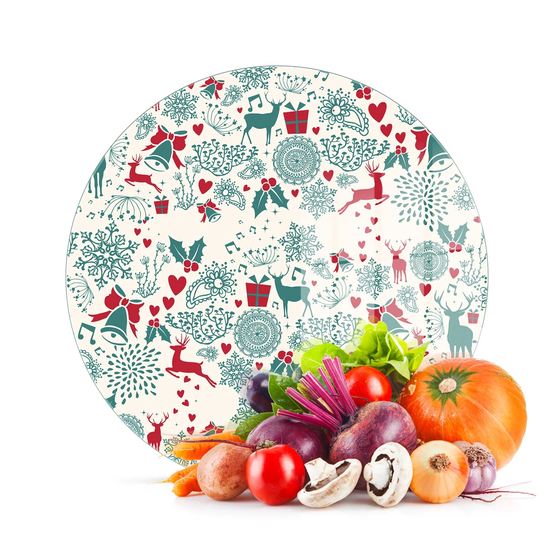 Decovetro Cam Kesme Tahtası ve Sunumluk Yuvarlak Yılbaşı Desenli 30x30 Cm