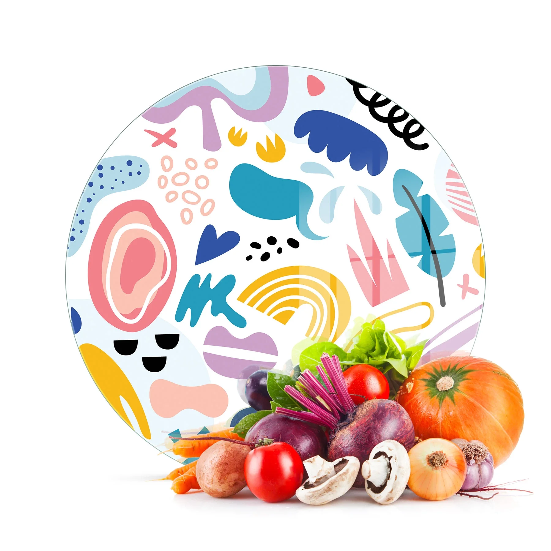 Decovetro Cam Kesme Tahtası ve Sunumluk Yuvarlak Karışık Desenli 30x30 Cm