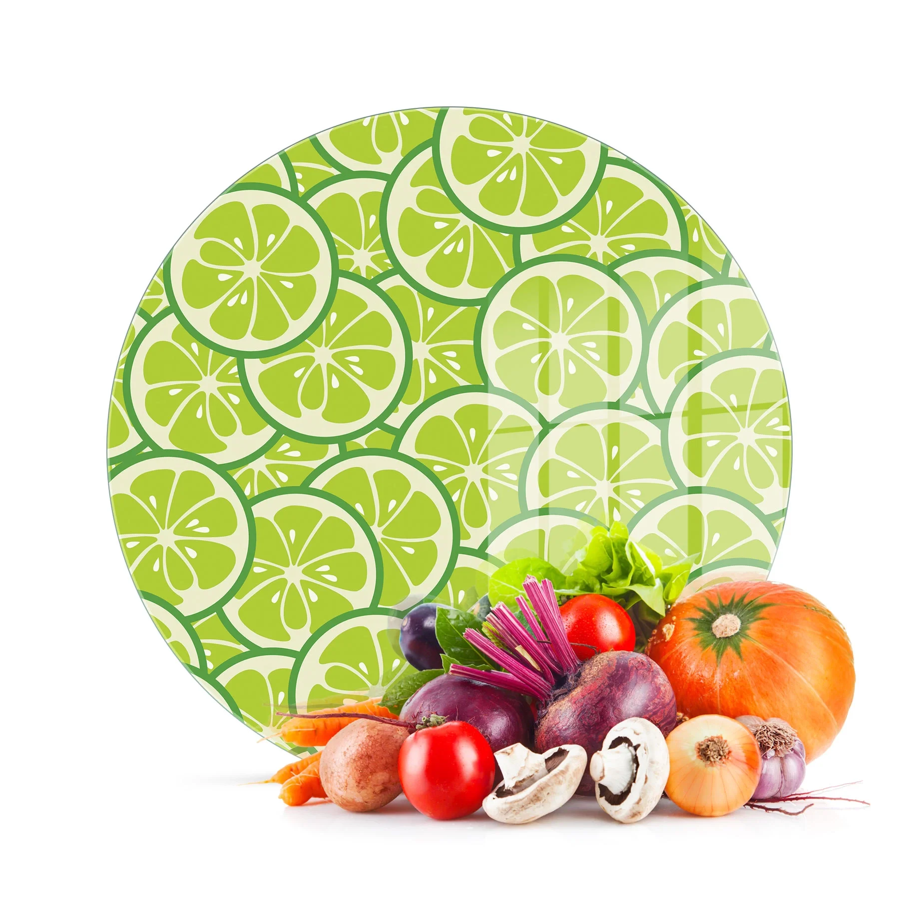 Decovetro Cam Kesme Tahtası ve Sunumluk Yuvarlak Yeşil Limon Desenli 30x30 Cm