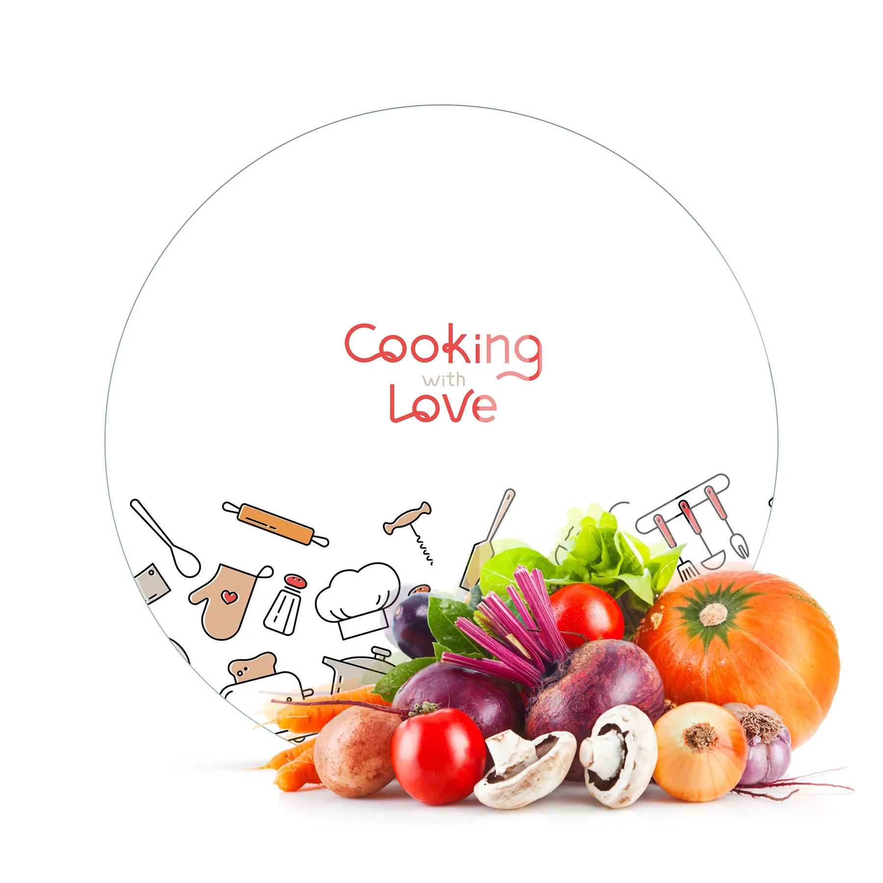 Decovetro Cam Kesme Tahtası ve Sunumluk Yuvarlak Cooking Love Desenli 30x30 Cm