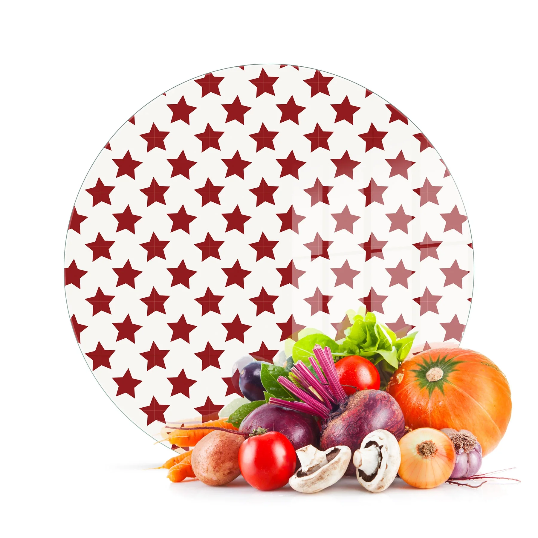 Decovetro Cam Kesme Tahtası ve Sunumluk Yuvarlak Kırmızı Yıldız Desenli 30x30 Cm