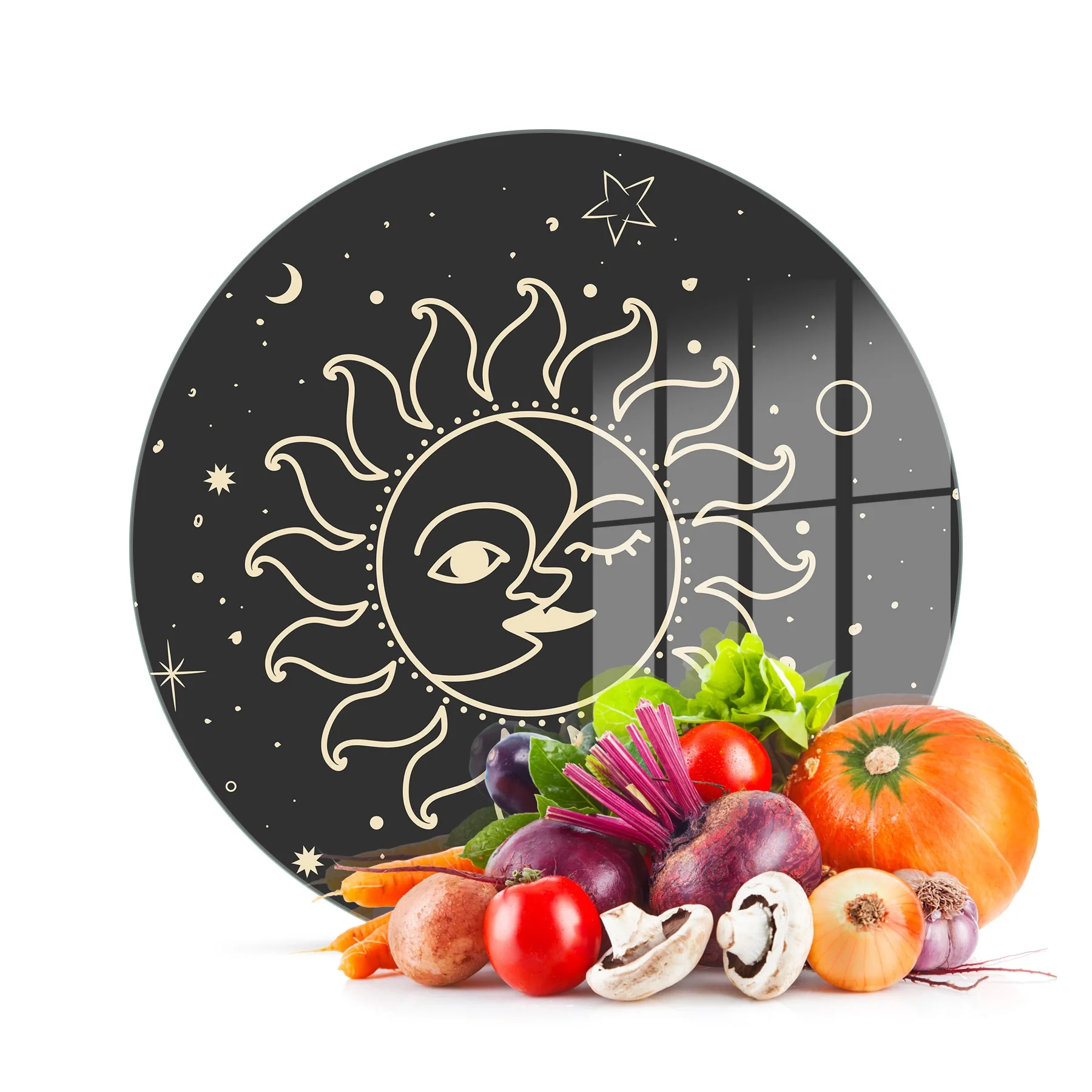 Decovetro Cam Kesme Tahtası ve Sunumluk Yuvarlak Horoscope Ay Güneş Desenli 30x30 Cm
