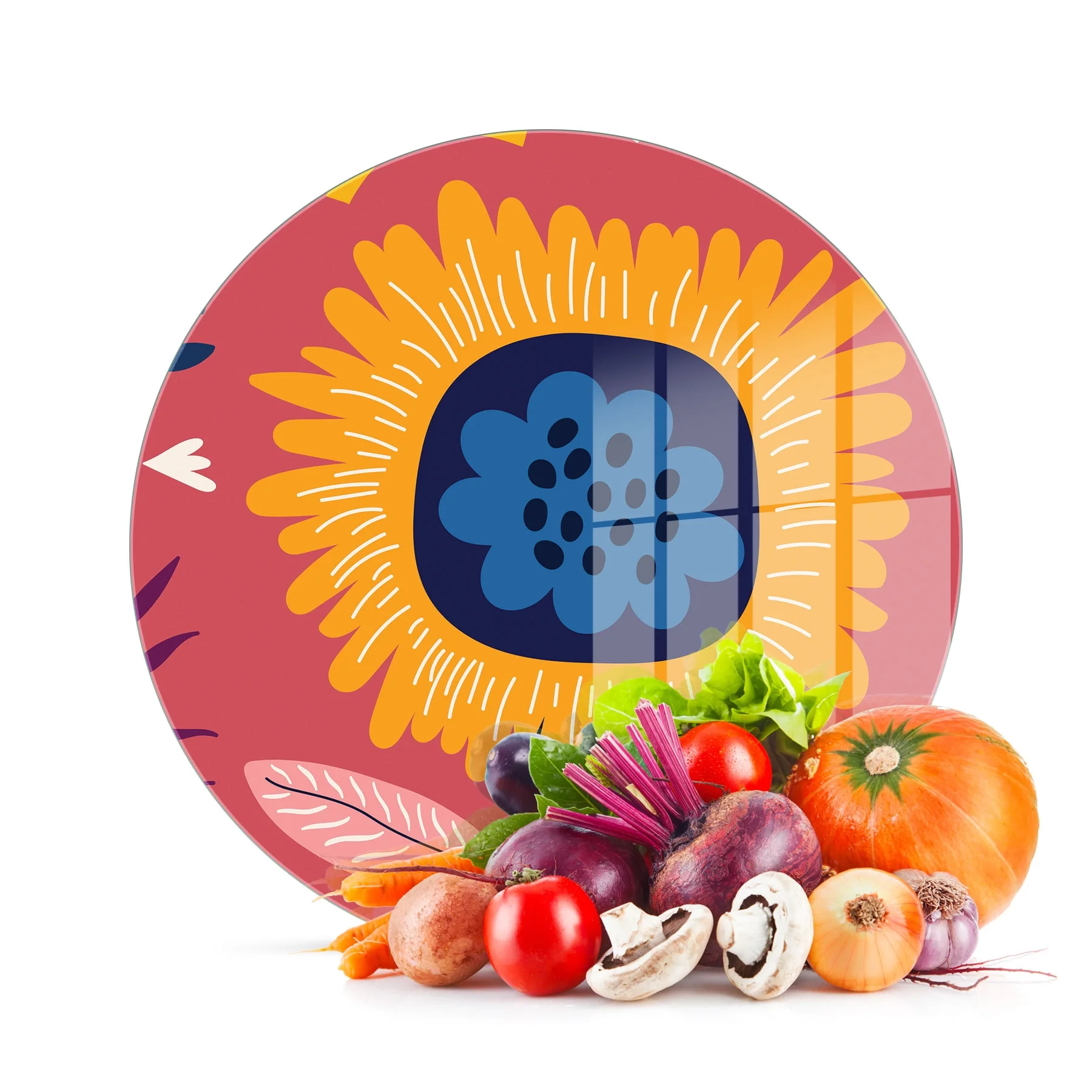Decovetro Cam Kesme Tahtası ve Sunumluk Yuvarlak Somon Çiçek Desenli 30x30 Cm