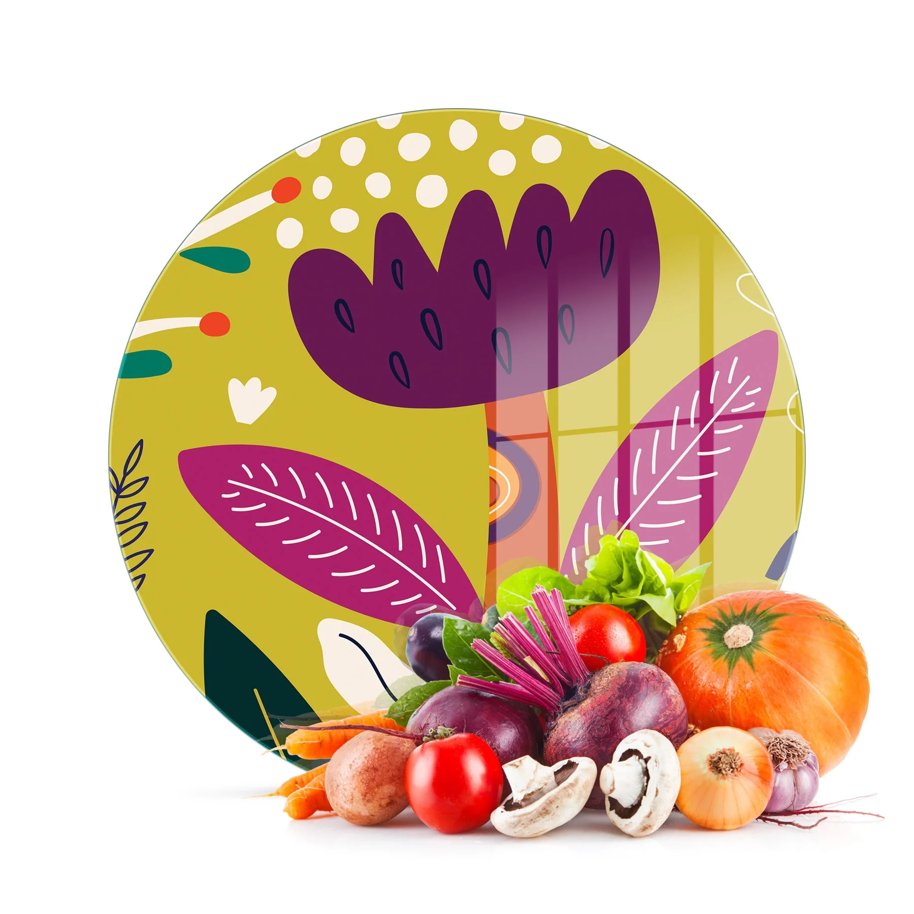 Decovetro Cam Kesme Tahtası ve Sunumluk Yuvarlak Yeşil Çiçek Desenli 30x30 Cm