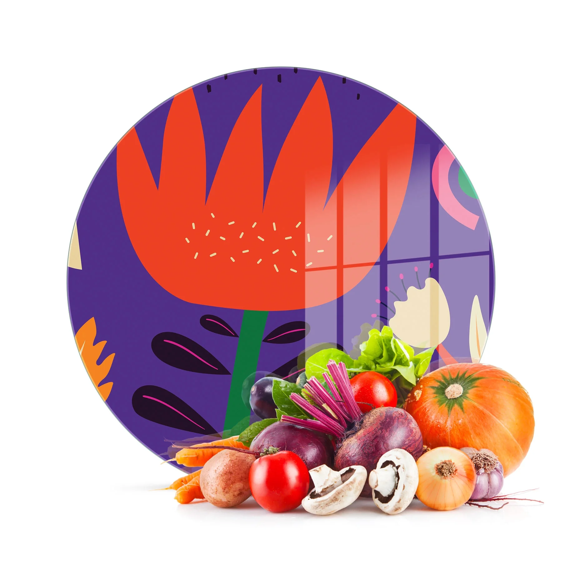 Decovetro Cam Kesme Tahtası ve Sunumluk Yuvarlak Mor Lale Desenli 30x30 Cm
