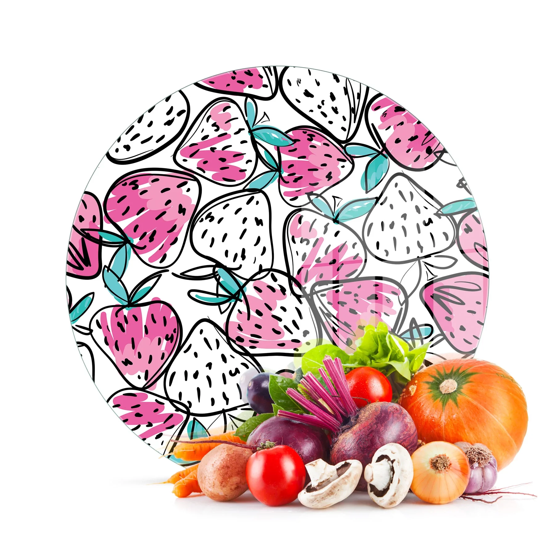 Decovetro Cam Kesme Tahtası ve Sunumluk Yuvarlak Çilek Desenli 30x30 Cm