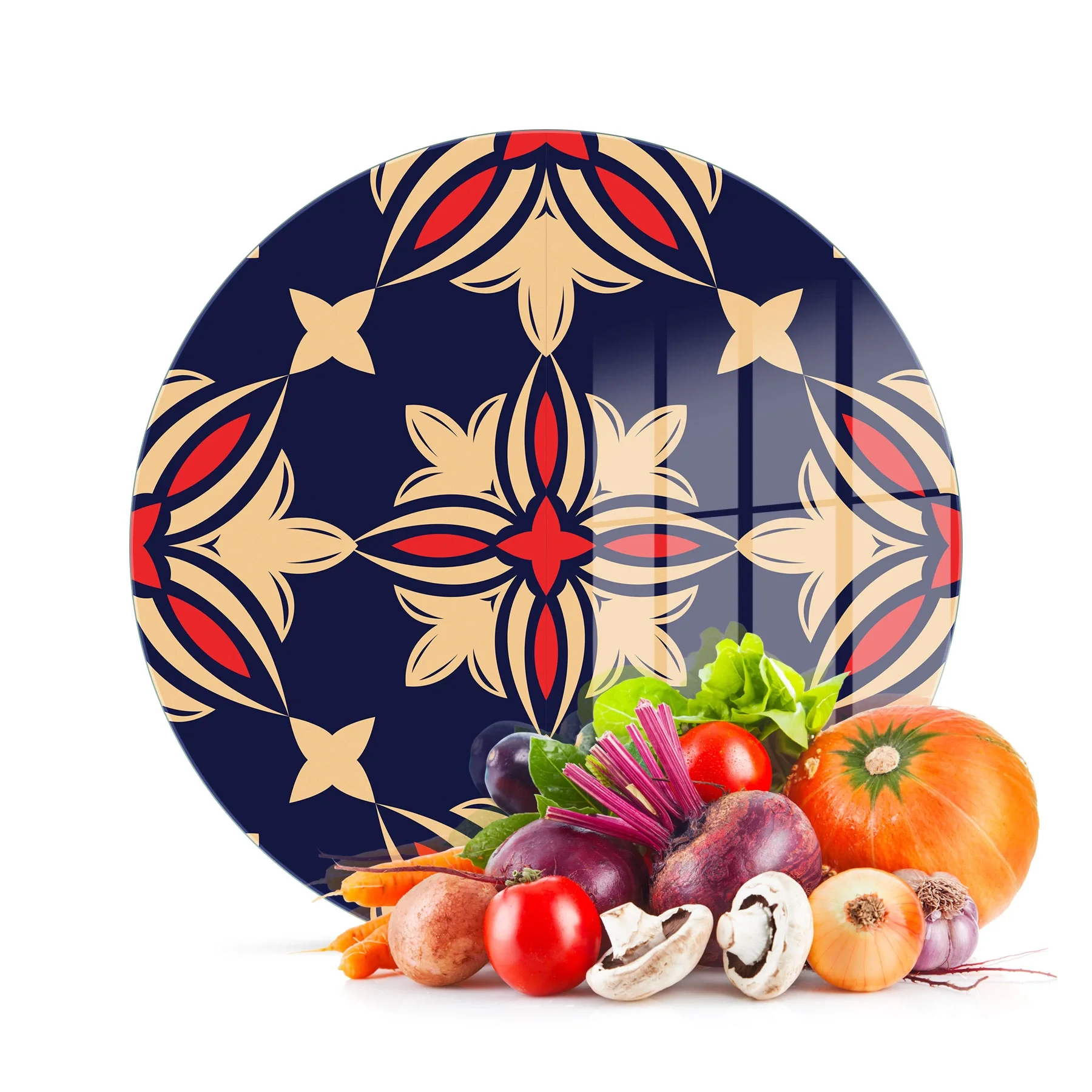 Decovetro Cam Kesme Tahtası ve Sunumluk Yuvarlak Mavi Çini Desenli 30x30 Cm