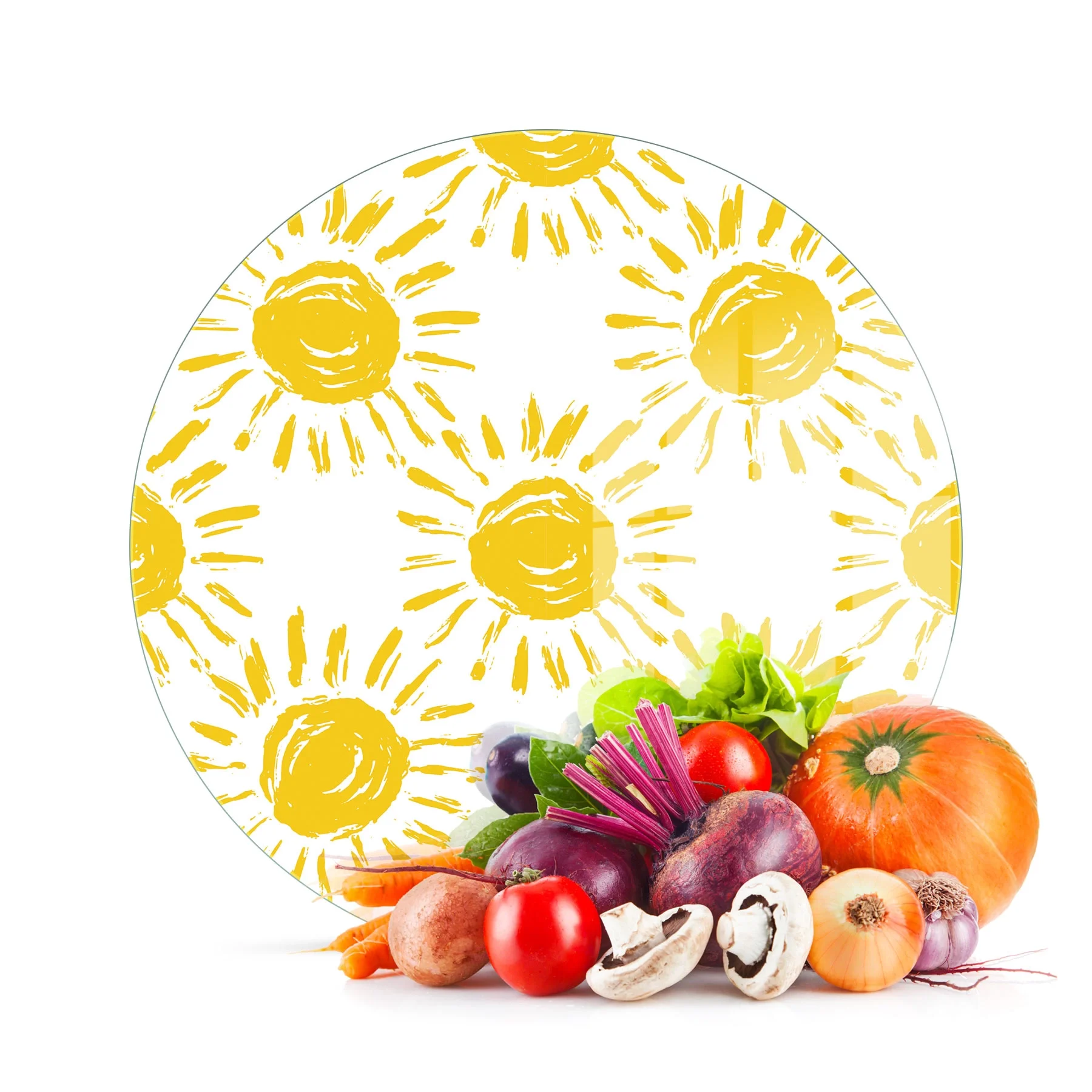 Decovetro Cam Kesme Tahtası ve Sunumluk Yuvarlak Güneş Desenli 30x30 Cm