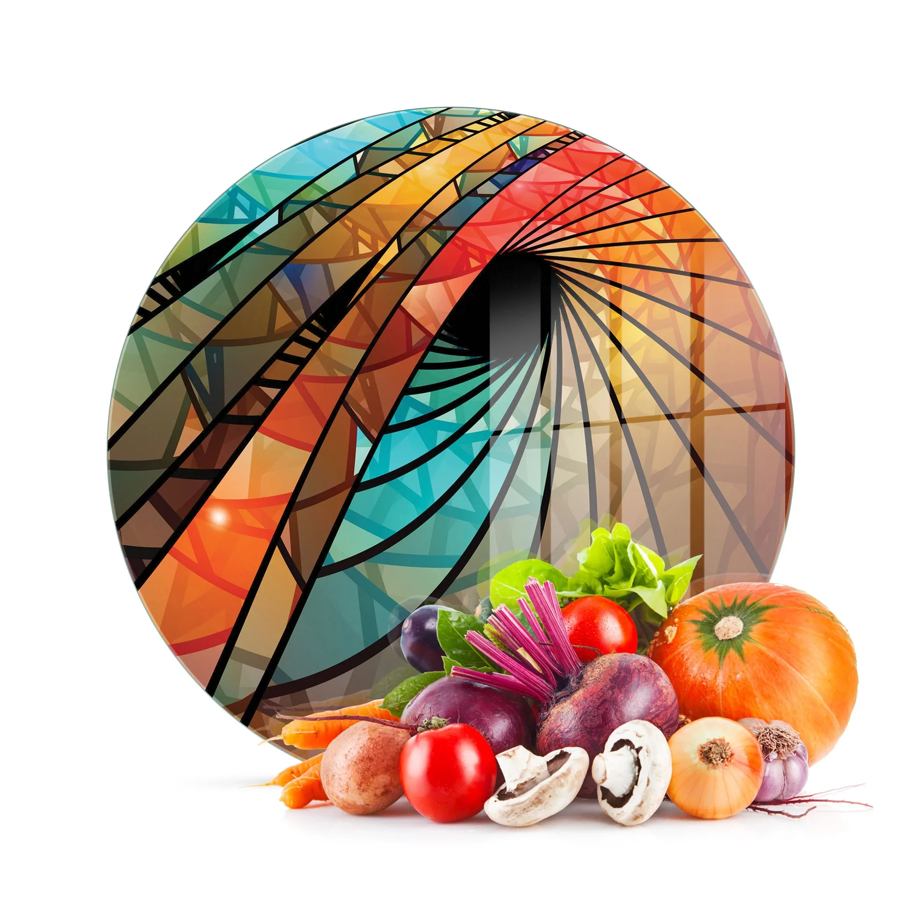 Decovetro Cam Kesme Tahtası ve Sunumluk Yuvarlak Geometrik Desenli 30x30 Cm