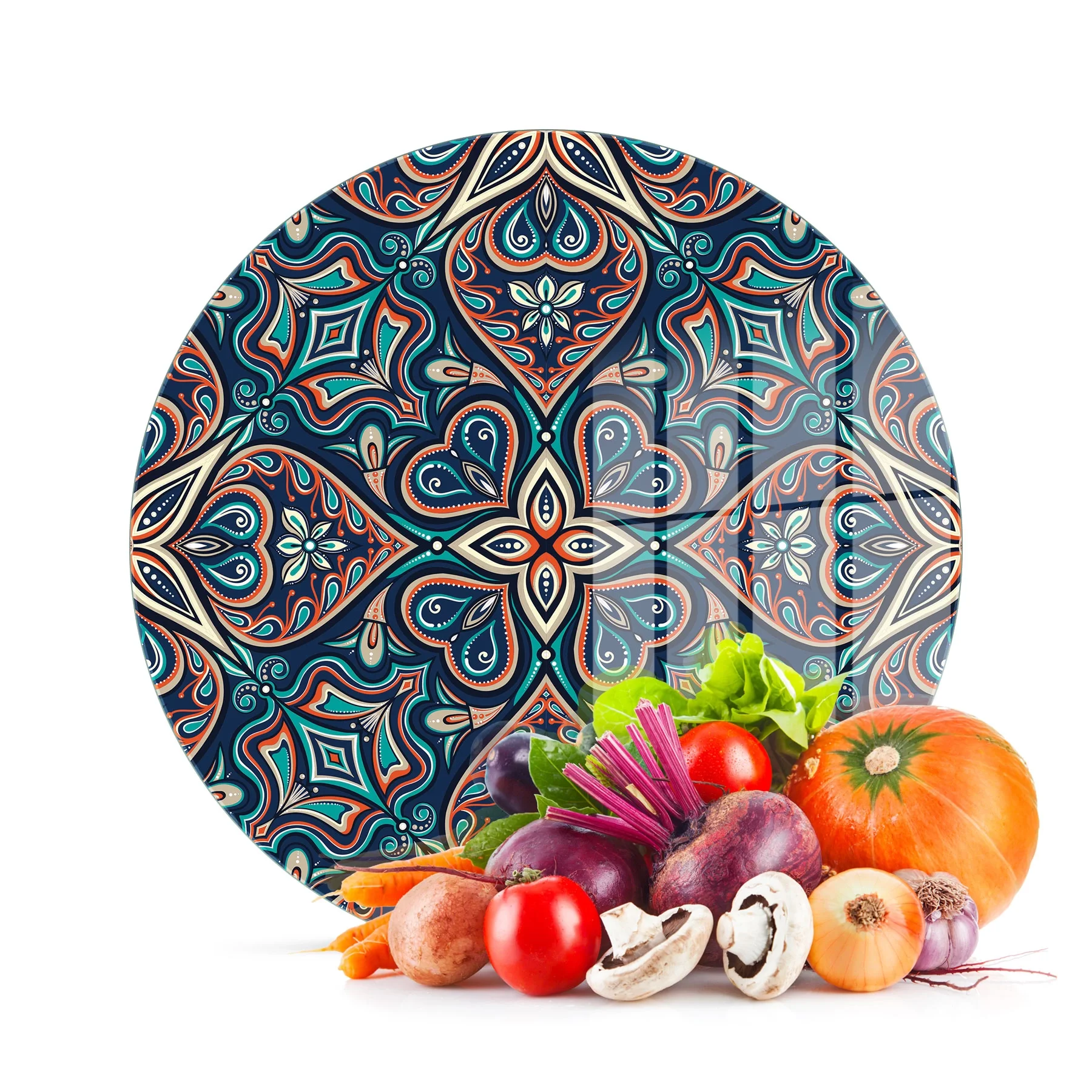 Decovetro Cam Kesme Tahtası ve Sunumluk Yuvarlak Türk Motifi Desenli 30x30 Cm