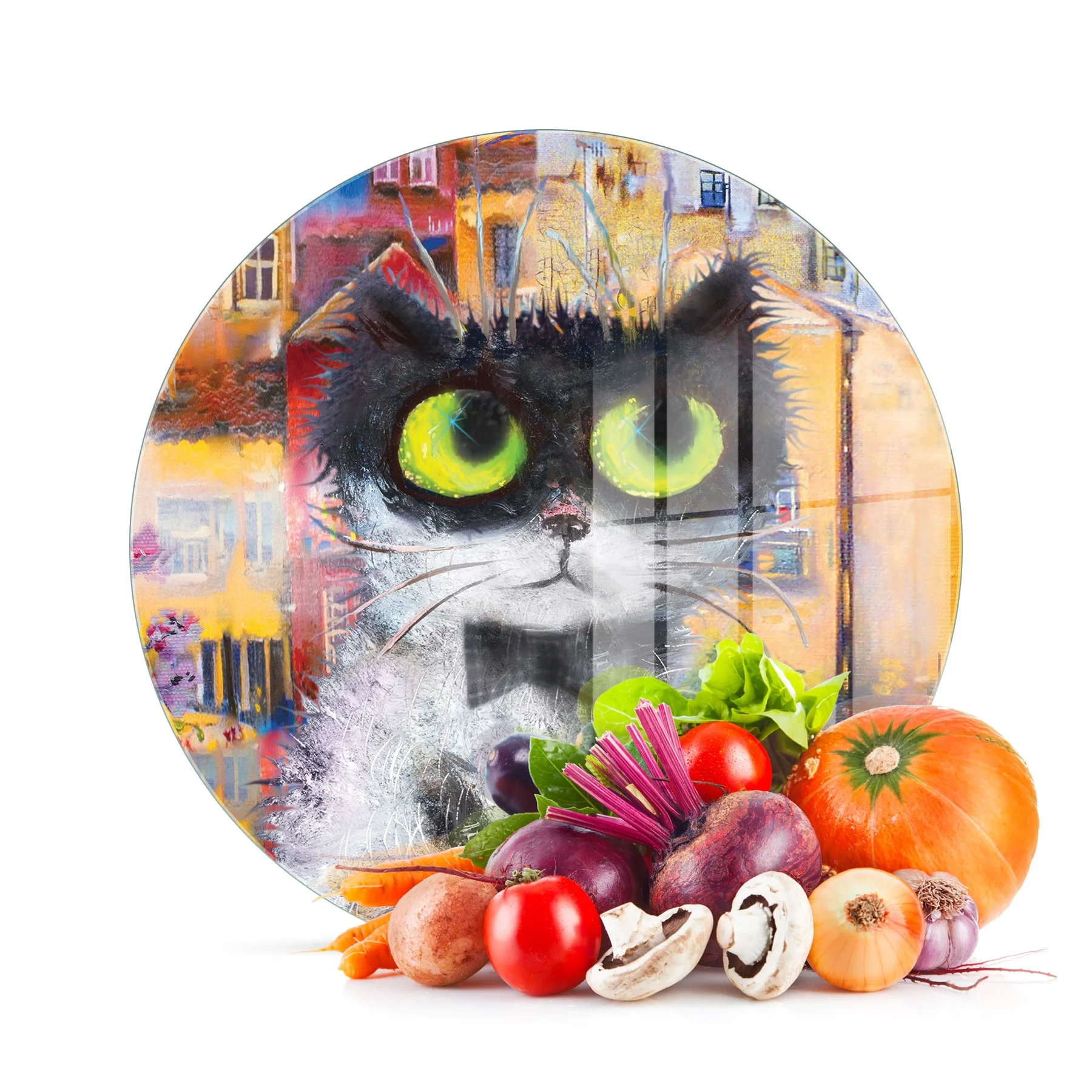 Decovetro Cam Kesme Tahtası ve Sunumluk Yuvarlak Beyaz Kedi Desenli 30x30 Cm