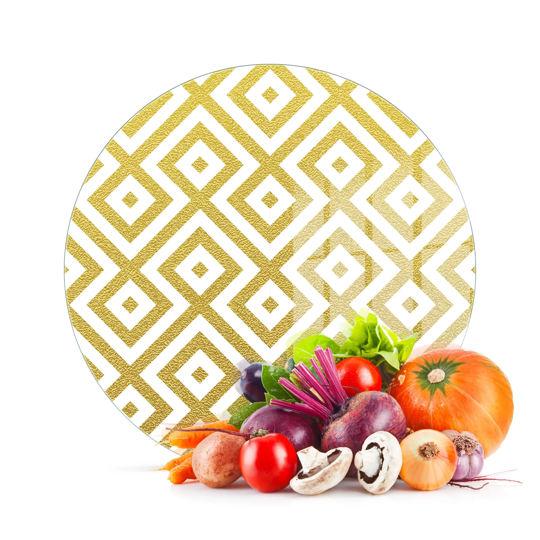 Decovetro Cam Kesme Tahtası ve Sunumluk Yuvarlak Gold Kilim Desenli 30x30 Cm