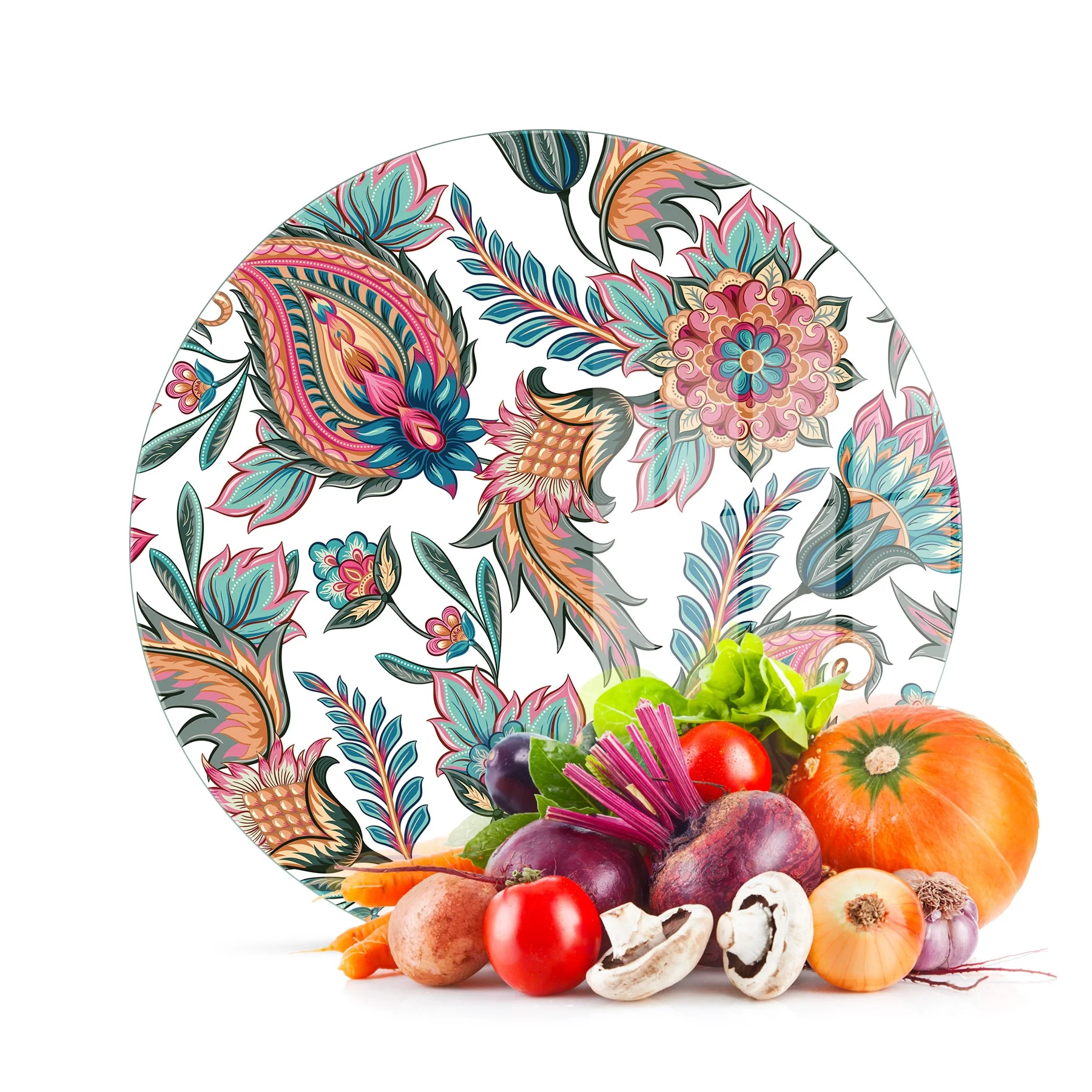 Decovetro Cam Kesme Tahtası ve Sunumluk Yuvarlak Sarmaşık Motifi Desenli 30x30 Cm