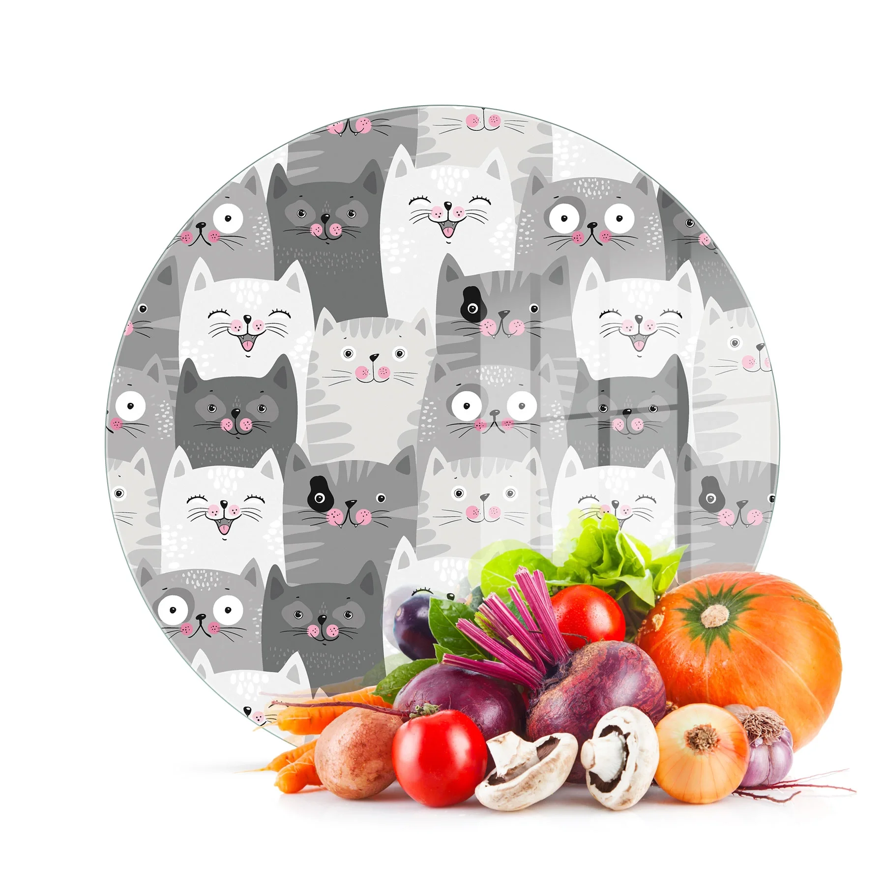 Decovetro Cam Kesme Tahtası ve Sunumluk Yuvarlak Sevimli Kediler Desenli 30x30 Cm