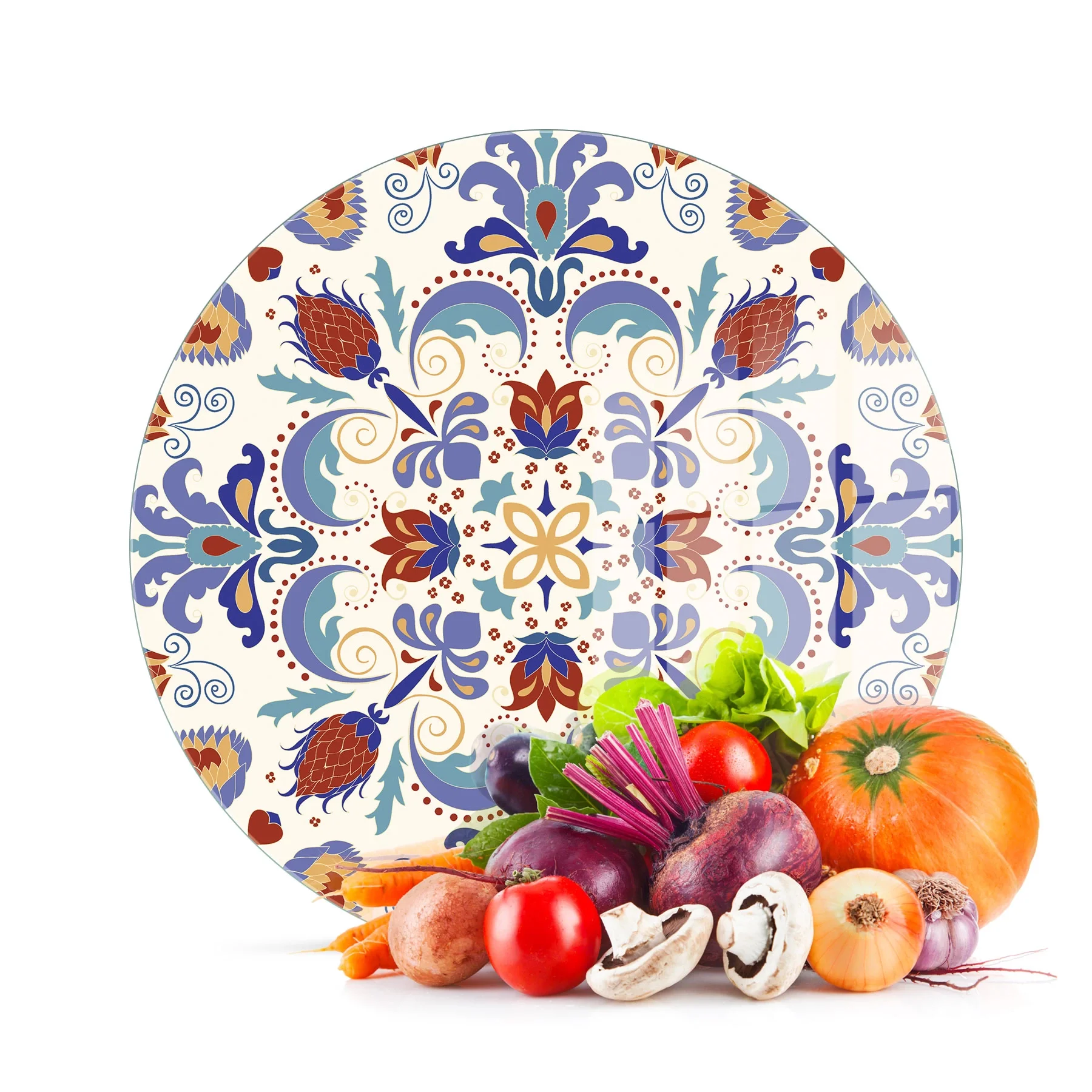 Decovetro Cam Kesme Tahtası ve Sunumluk Yuvarlak Çini Motifi Desenli 30x30 Cm