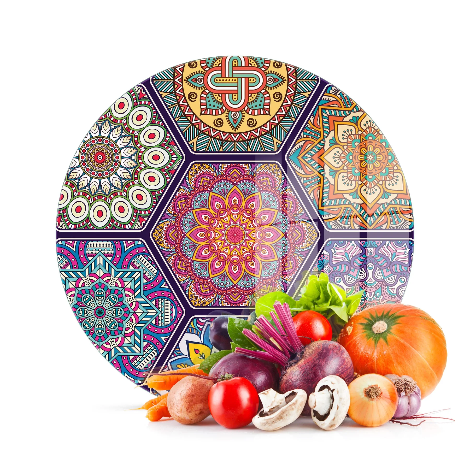 Decovetro Cam Kesme Tahtası ve Sunumluk Yuvarlak Altıgen Mandala Desenli 30x30 Cm