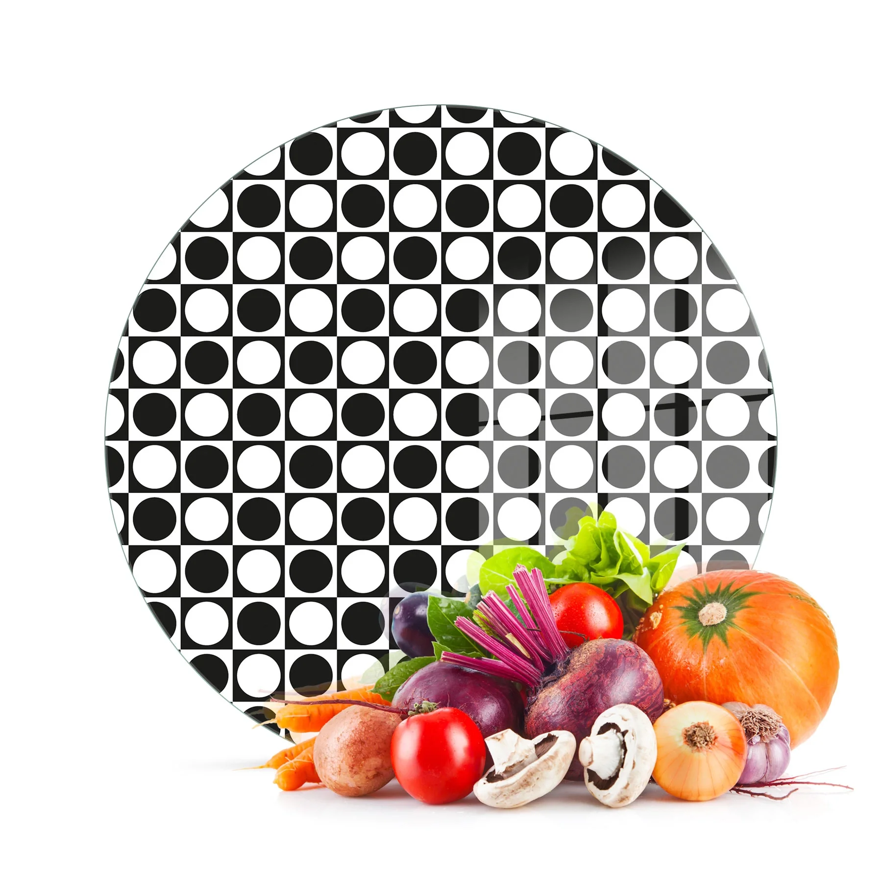 Decovetro Cam Kesme Tahtası ve Sunumluk Yuvarlak Küçük Nokta Desenli 30x30 Cm