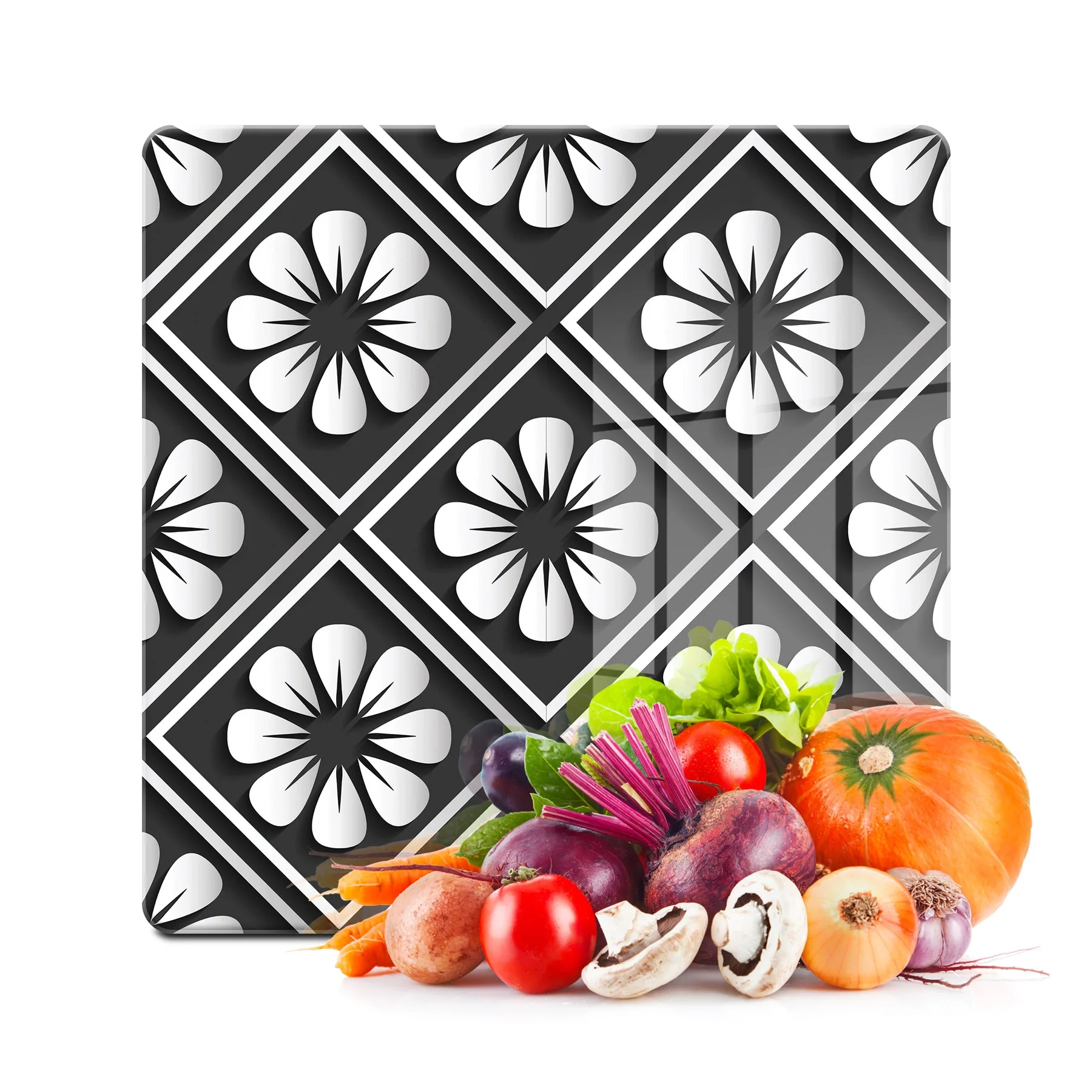 Decovetro Cam Kesme Tahtası ve Sunumluk Kare Çini Çiçek Desenli 30x30 Cm