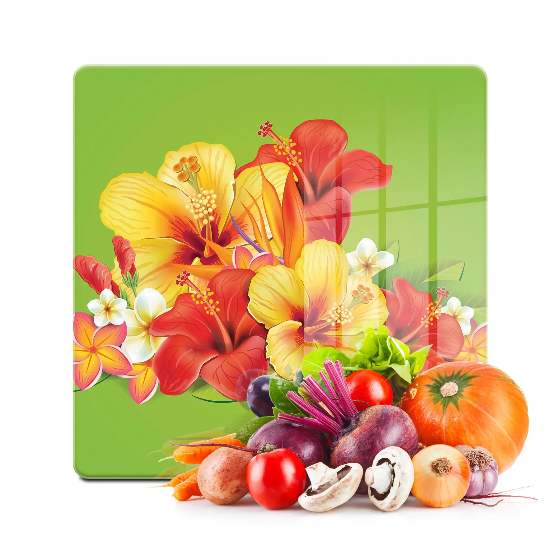 Decovetro Cam Kesme Tahtası ve Sunumluk Kare Renkli Çiçek Desenli 30x30 Cm