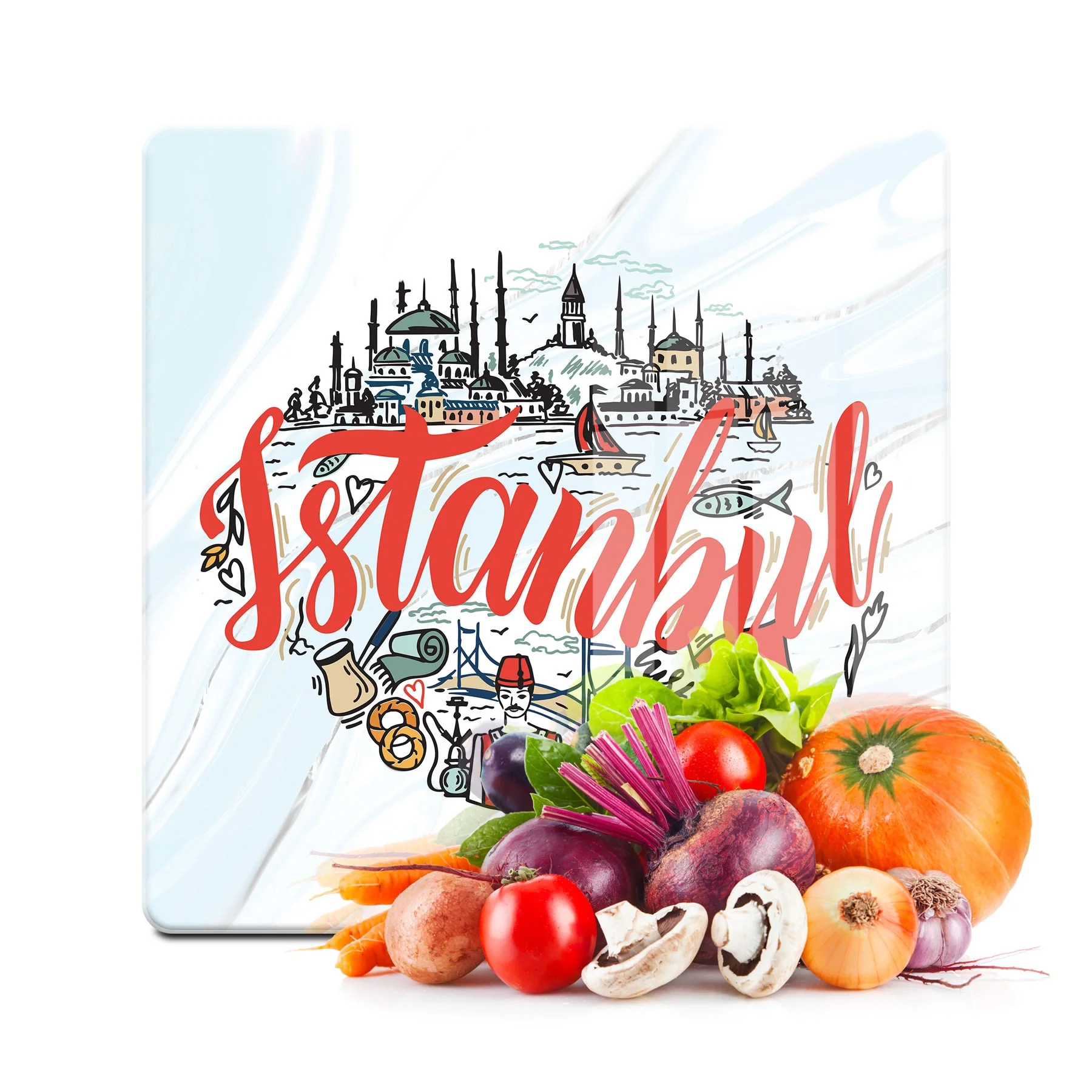 Decovetro Cam Kesme Tahtası ve Sunumluk Kare İstanbul Kolaj Desenli 30x30 Cm