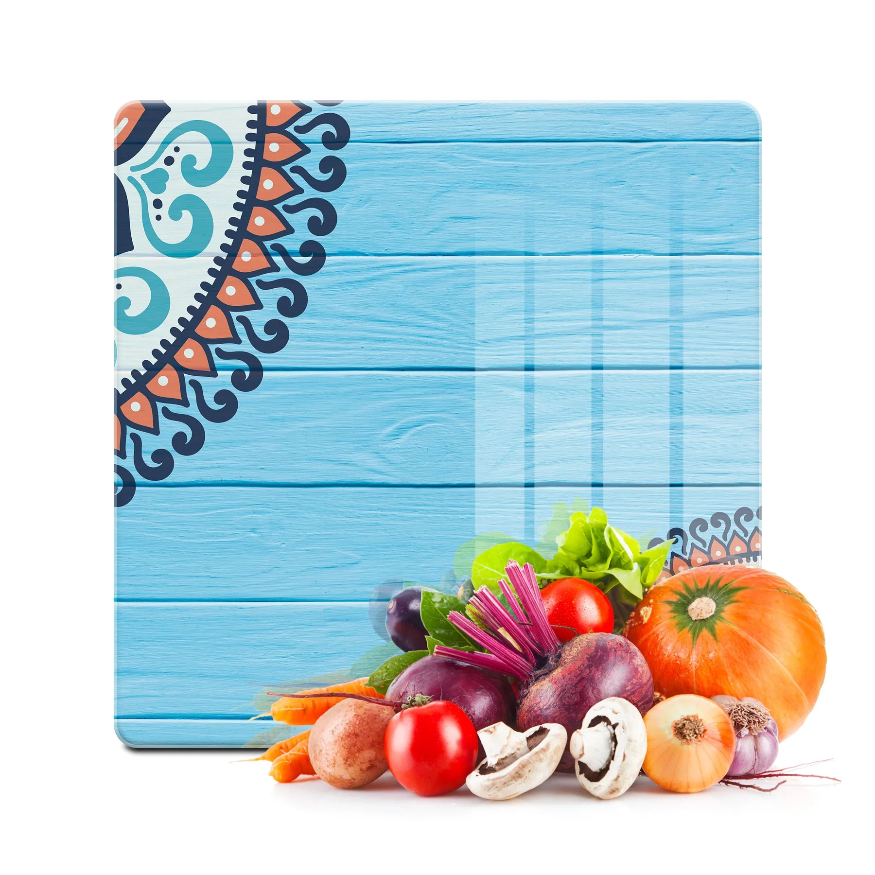 Decovetro Cam Kesme Tahtası ve Sunumluk Kare Otantik Turkuaz Desenli 30x30 Cm
