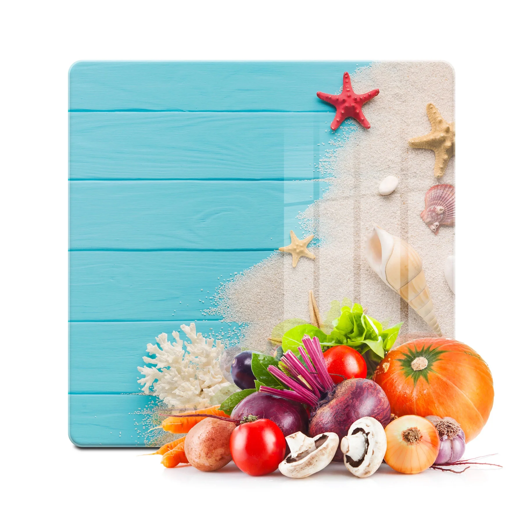 Decovetro Cam Kesme Tahtası ve Sunumluk Kare Turkuaz Yaz Desenli 30x30 Cm