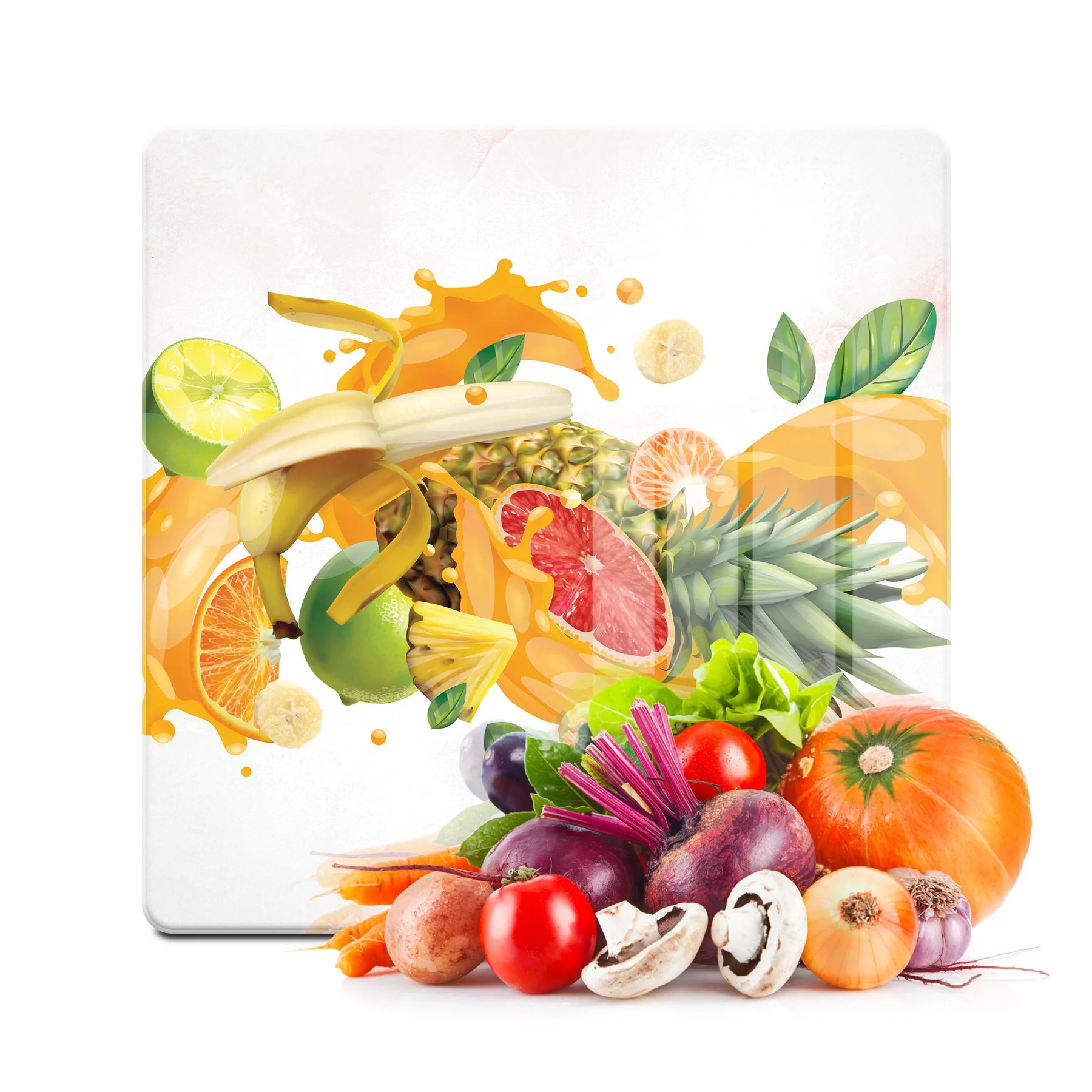 Decovetro Cam Kesme Tahtası ve Sunumluk Kare Meyve Kokteyli Desenli 30x30 Cm