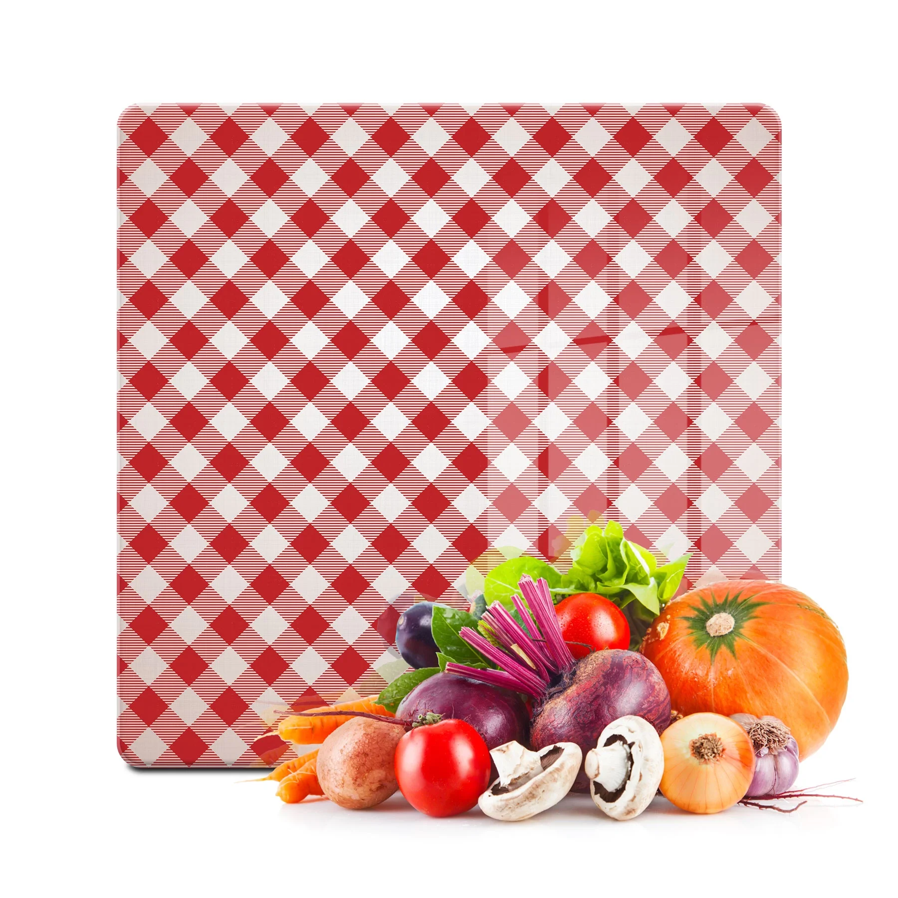 Decovetro Cam Kesme Tahtası ve Sunumluk Kare Kırmızı Buffalo pötikare Desenli 30x30 Cm
