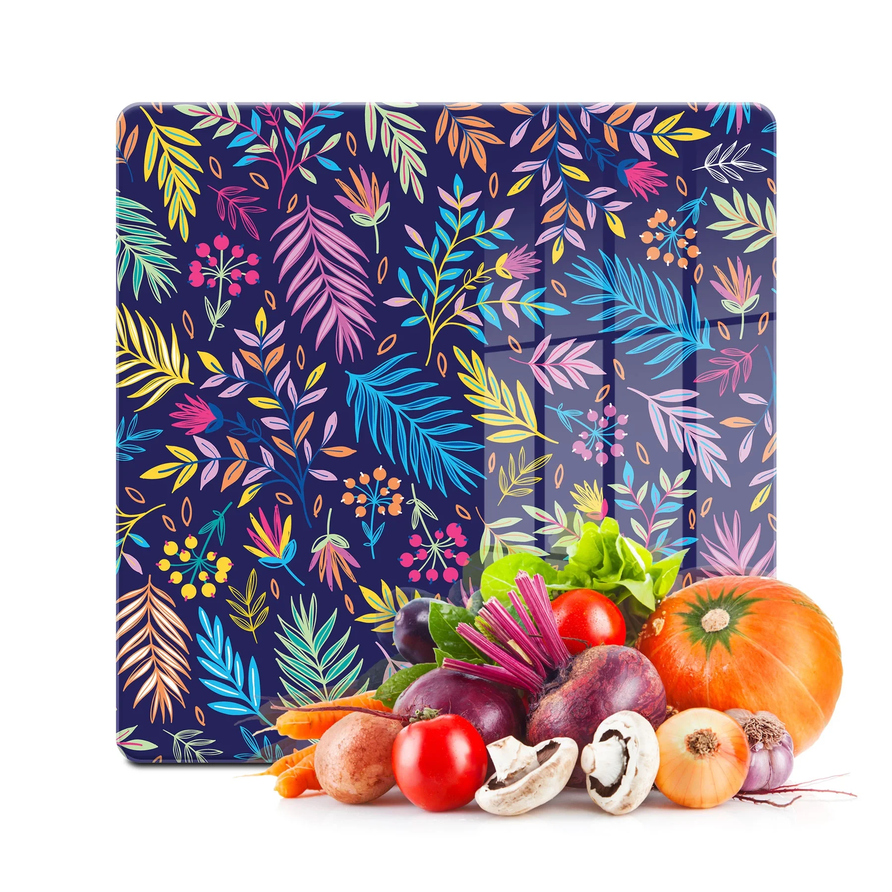 Decovetro Cam Kesme Tahtası ve Sunumluk Kare Renkli Yaprak Desenli 30x30 Cm