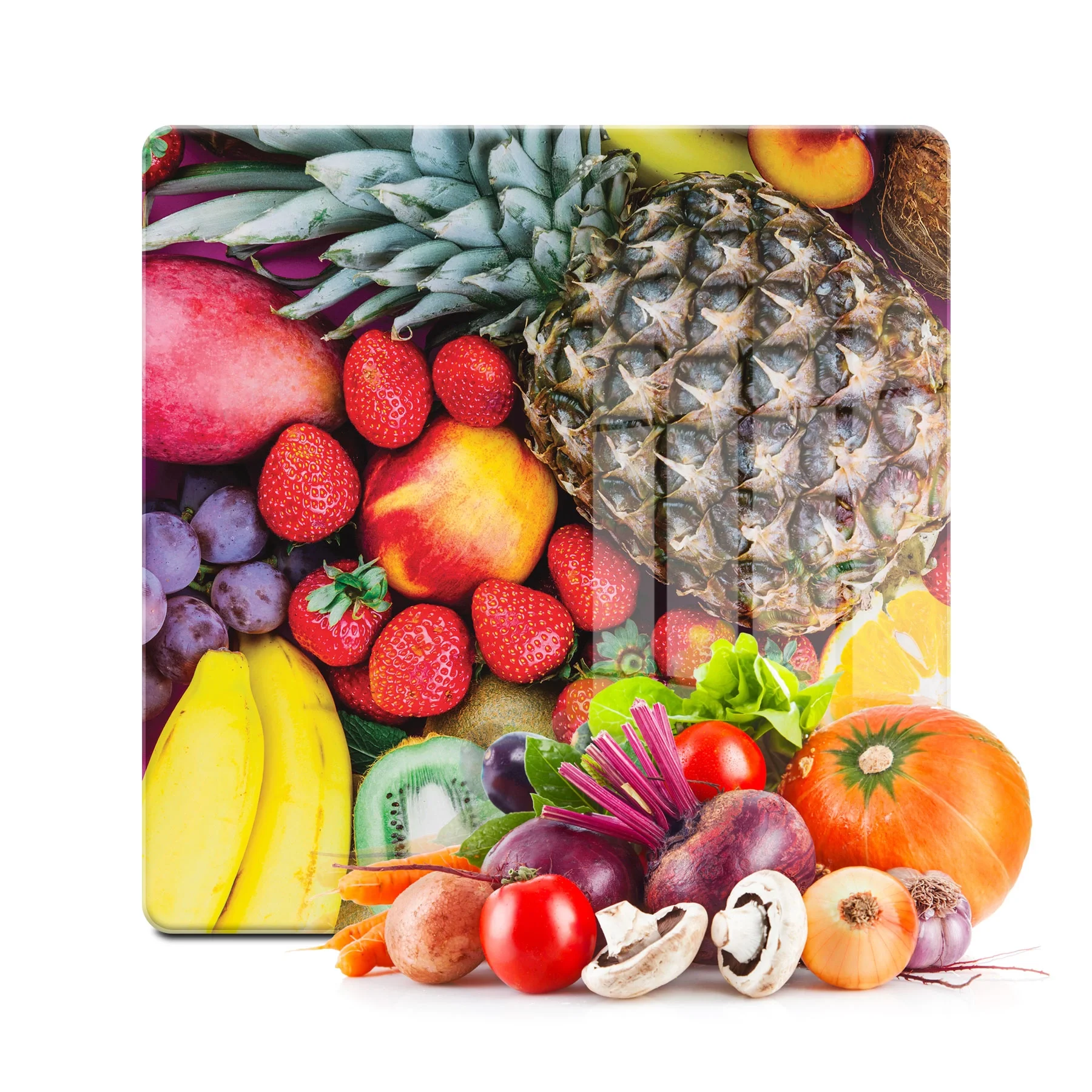 Decovetro Cam Kesme Tahtası ve Sunumluk Kare Meyve Sepeti Desenli 30x30 Cm