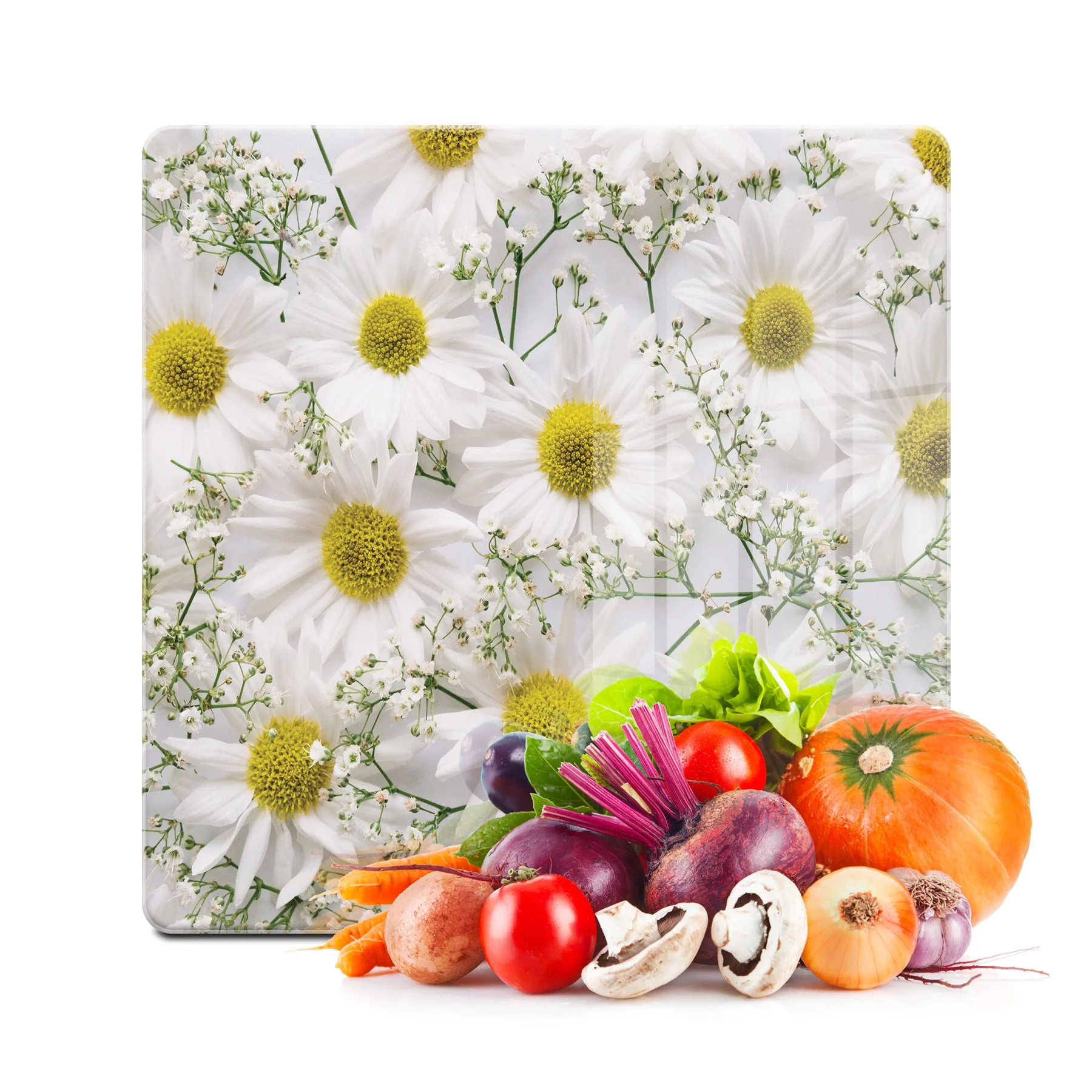 Decovetro Cam Kesme Tahtası ve Sunumluk Kare Papatya Desenli 30x30 Cm