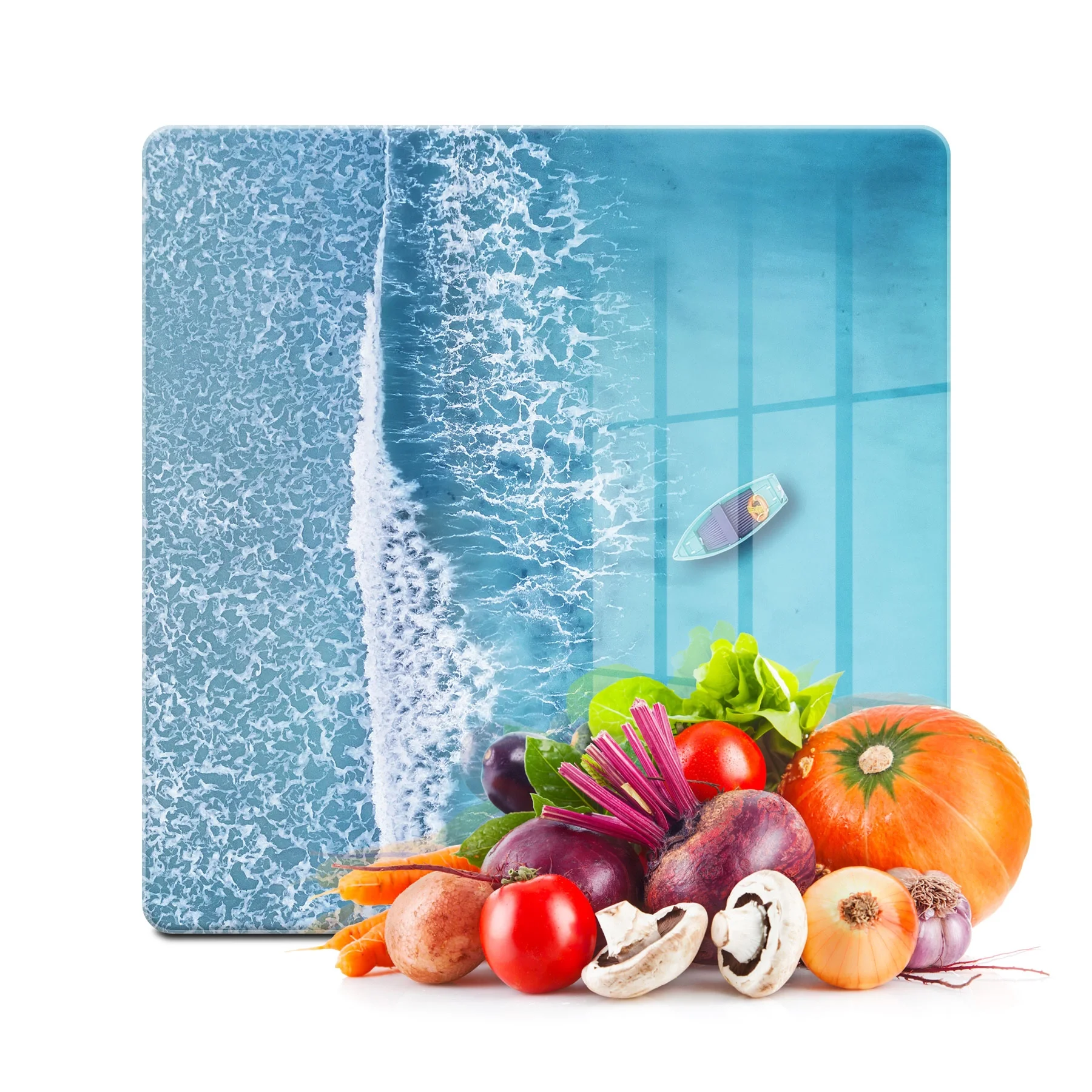 Decovetro Cam Kesme Tahtası ve Sunumluk Kare Turkuaz Deniz Desenli 30x30 Cm