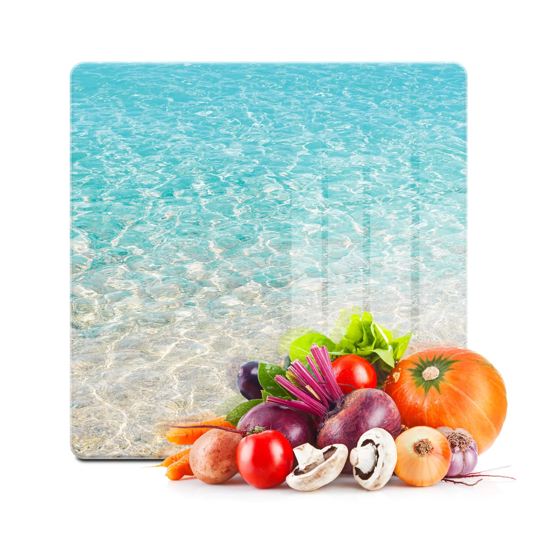 Decovetro Cam Kesme Tahtası ve Sunumluk Kare Deniz Kum Sahil Desenli 30x30 Cm