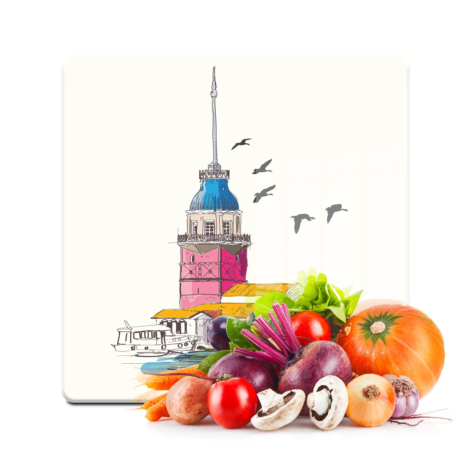 Decovetro Cam Kesme Tahtası ve Sunumluk Kare Kız Kulesi Desenli 30x30 Cm