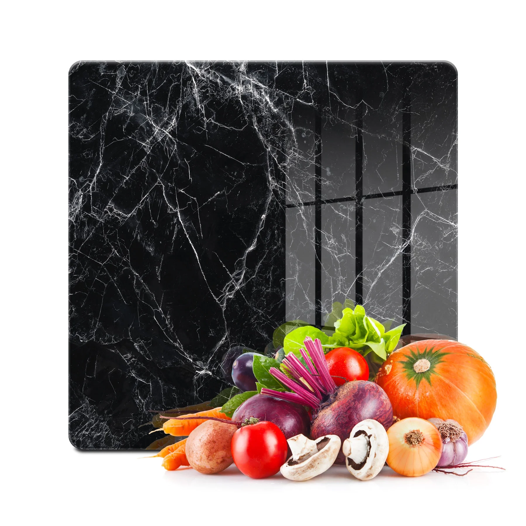 Decovetro Cam Kesme Tahtası ve Sunumluk Kare Siyah Beyaz Mermer Desenli 30x30 Cm